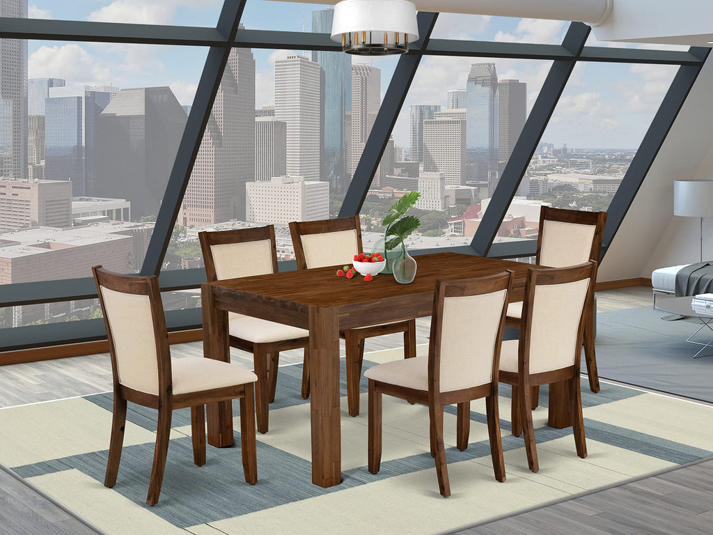 East West Furniture Cnmz7-Nn-32 7 Piece Modern Dining Table Set Consist Of A Rectangle Rustic Wood Wooden Table And 6 Light Beige Linen Fabric Upholstered Chairs, 36X60 Inch, Walnut