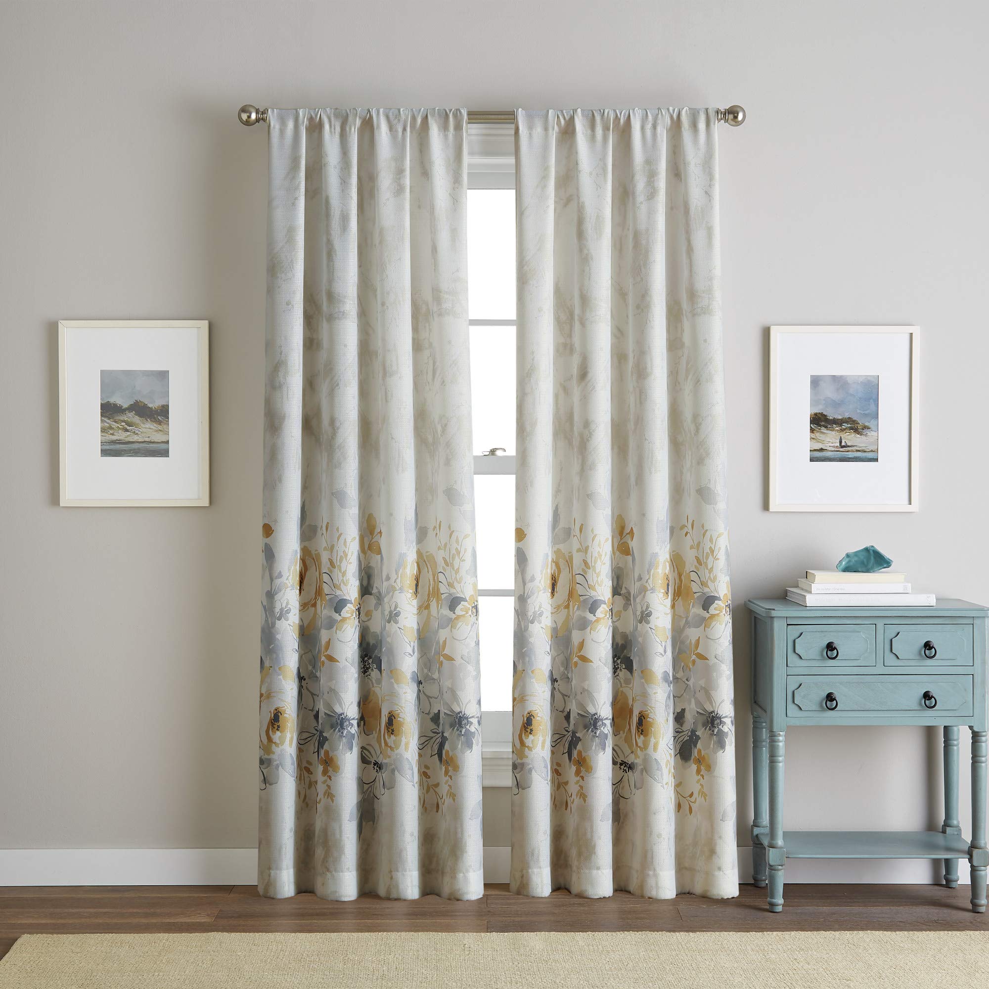 Chf Watercolor Floral Print Flip Over Rod Pocket Single Curtain Panel, 84 In, Gold