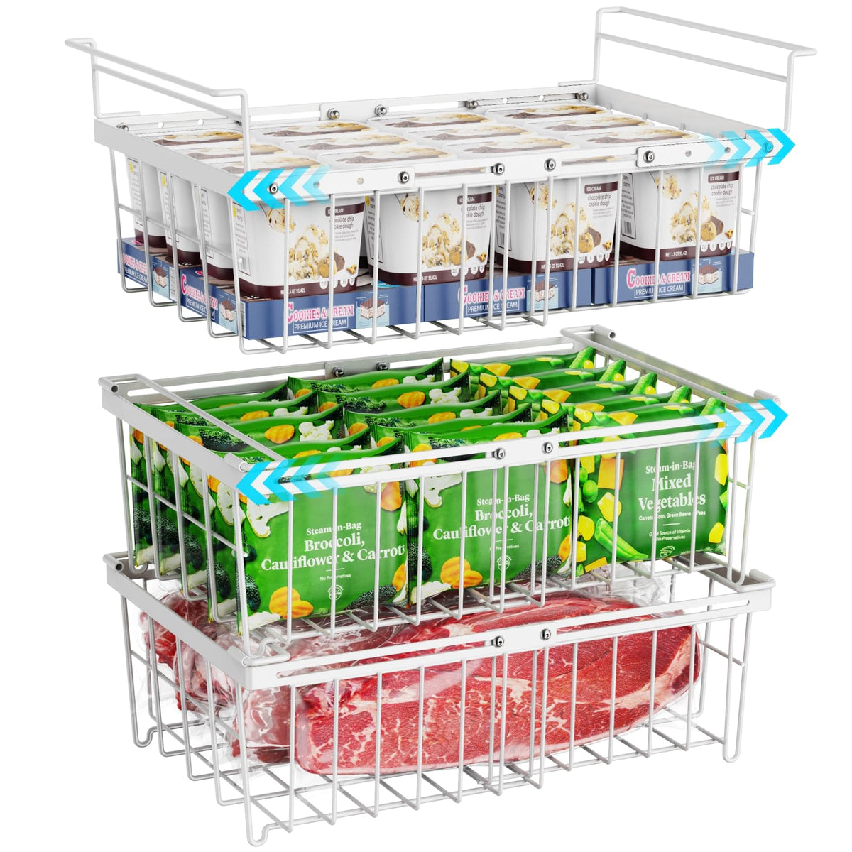 Ispecle Large Chest Freezer Organizer Bins 3 Pack - Fit 10 To 20 Cu.Ft Deep Freezer, 1 Adjustable Hanging Basket And 2 Pack Stac