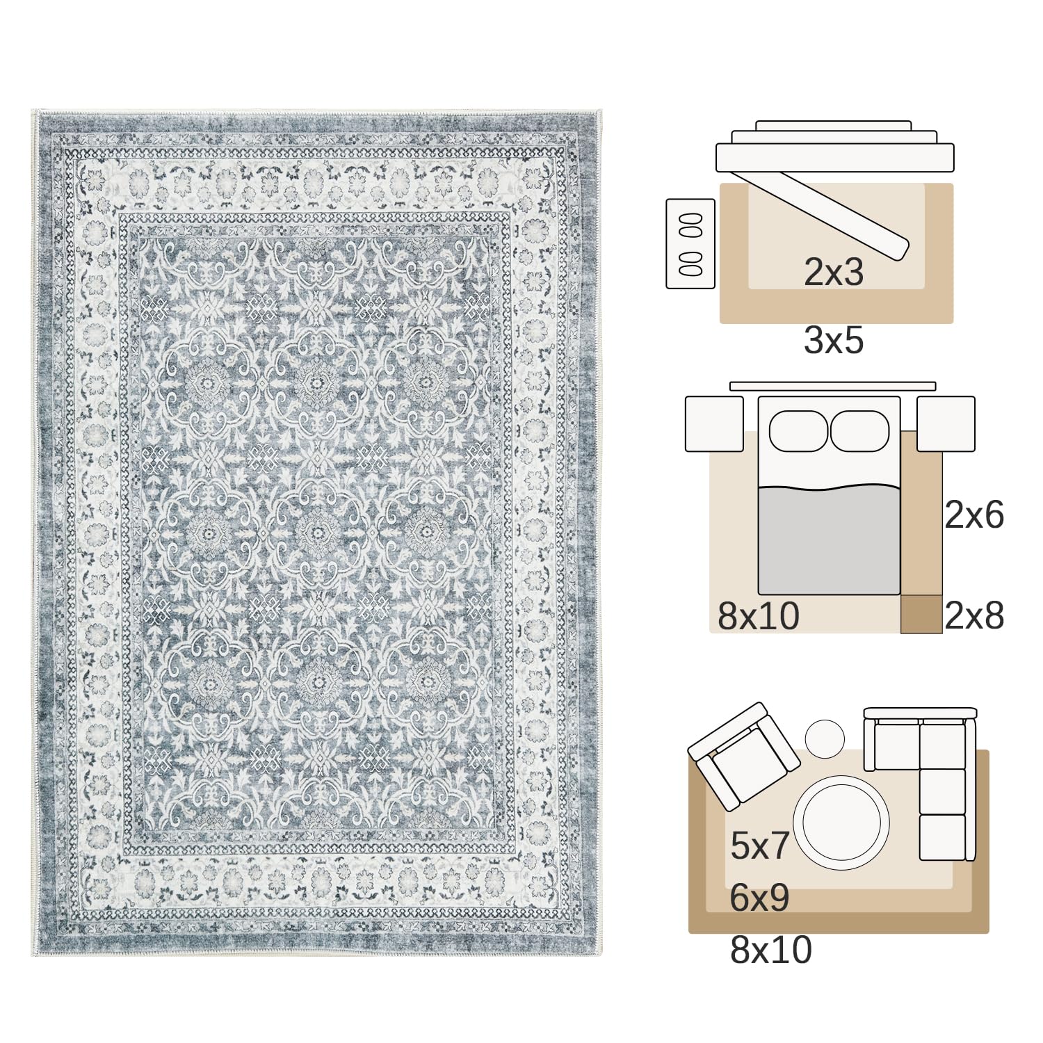 Jinchan Washable Area Rug 3X5 Entryway Low Pile Boho Floral Print Rug Faux Wool Soft Indoor Doormat Stain Resistant Non-Slip Ult