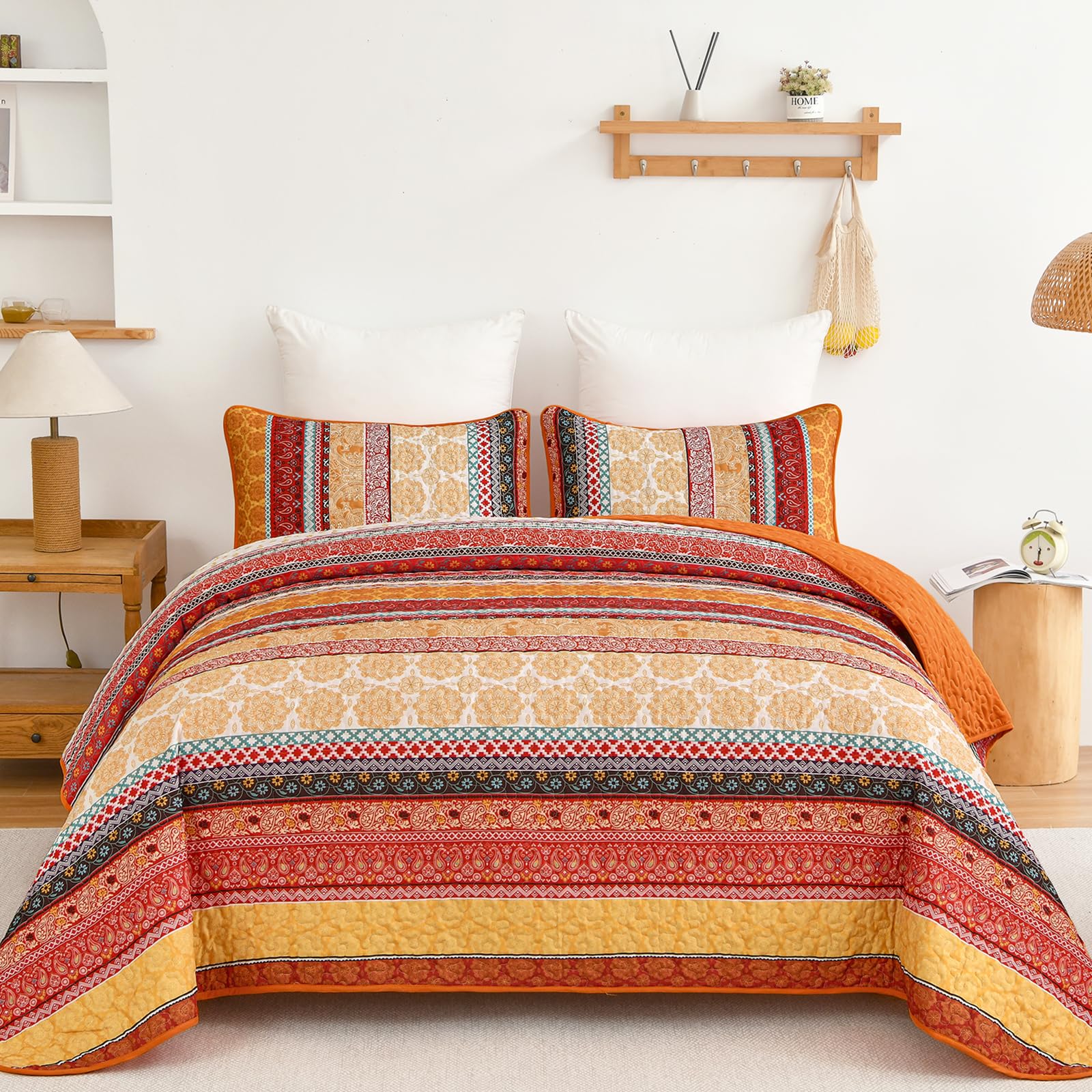 Wongs Bedding Boho Stripe Quilt Set Queen Size, 3 Pieces Orange Bohemian Quilt Sets, Lightweight Soft Microfiber Bedspread Cover