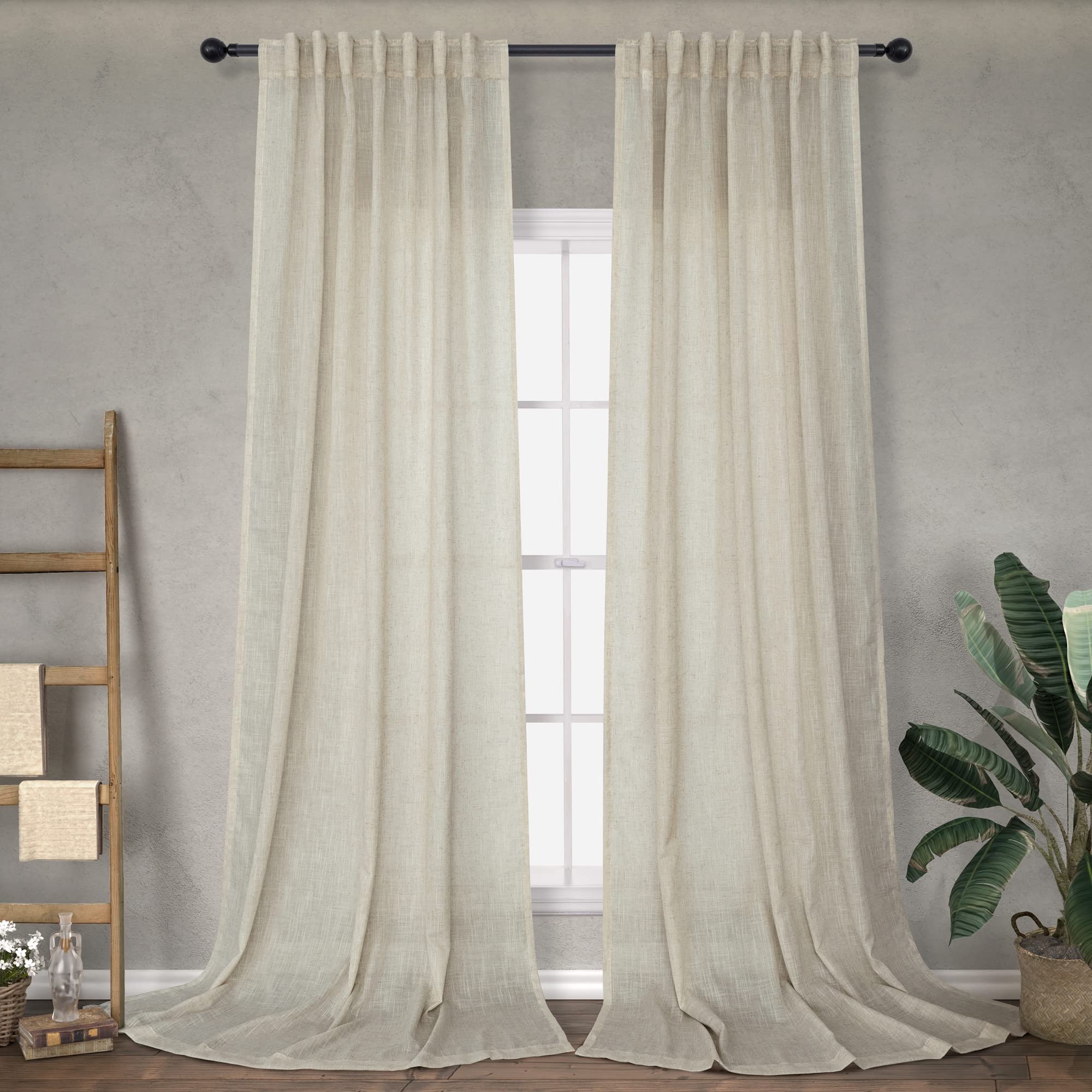 102 Length Curtains For Living Room Dining 2 Panel Pocket Back Tab Light Filtering Burlap Farmhouse Flax Linen Large Window Drap