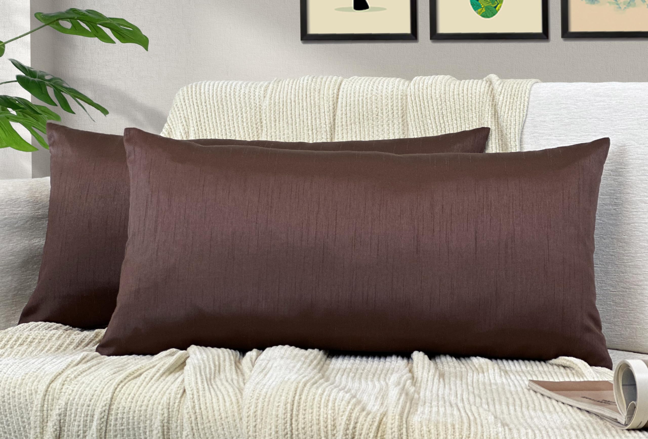 Aiking Home 12X24 Inches Faux Silk Rectangular Throw Pillow Cover, Zipper Closure, Brown (Set Of 2)