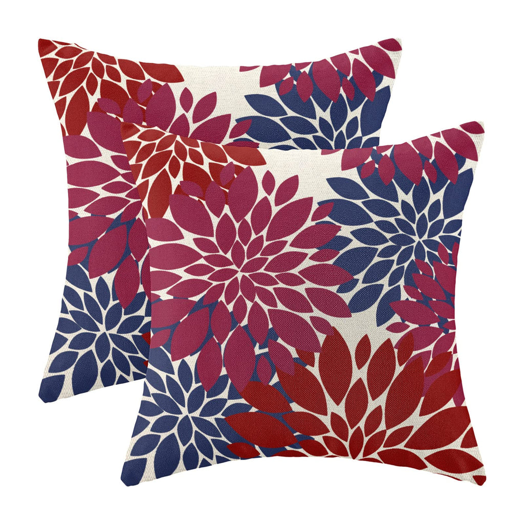 CXMEIFLY Burgundy Red Navy Blue Pillow Covers 18x18 Inch Set of 2 Dahlia Floral Decor Throw Pillows Summer Modern Geometry Flowe