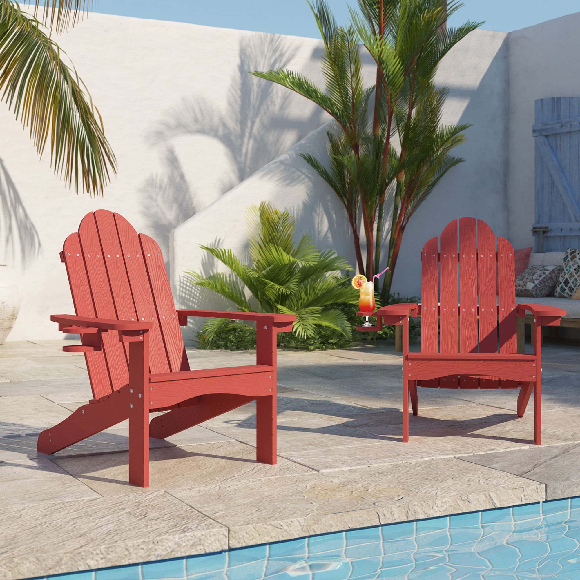 Lue Bona Hdps Adirondack Chairs Set Of 2, Fire Pit Outdoor Chair Weather Resistant With Cup Holder, Modern Plastic Chair Plastic For Patio, Deck, Proch, 350Lbs, Red