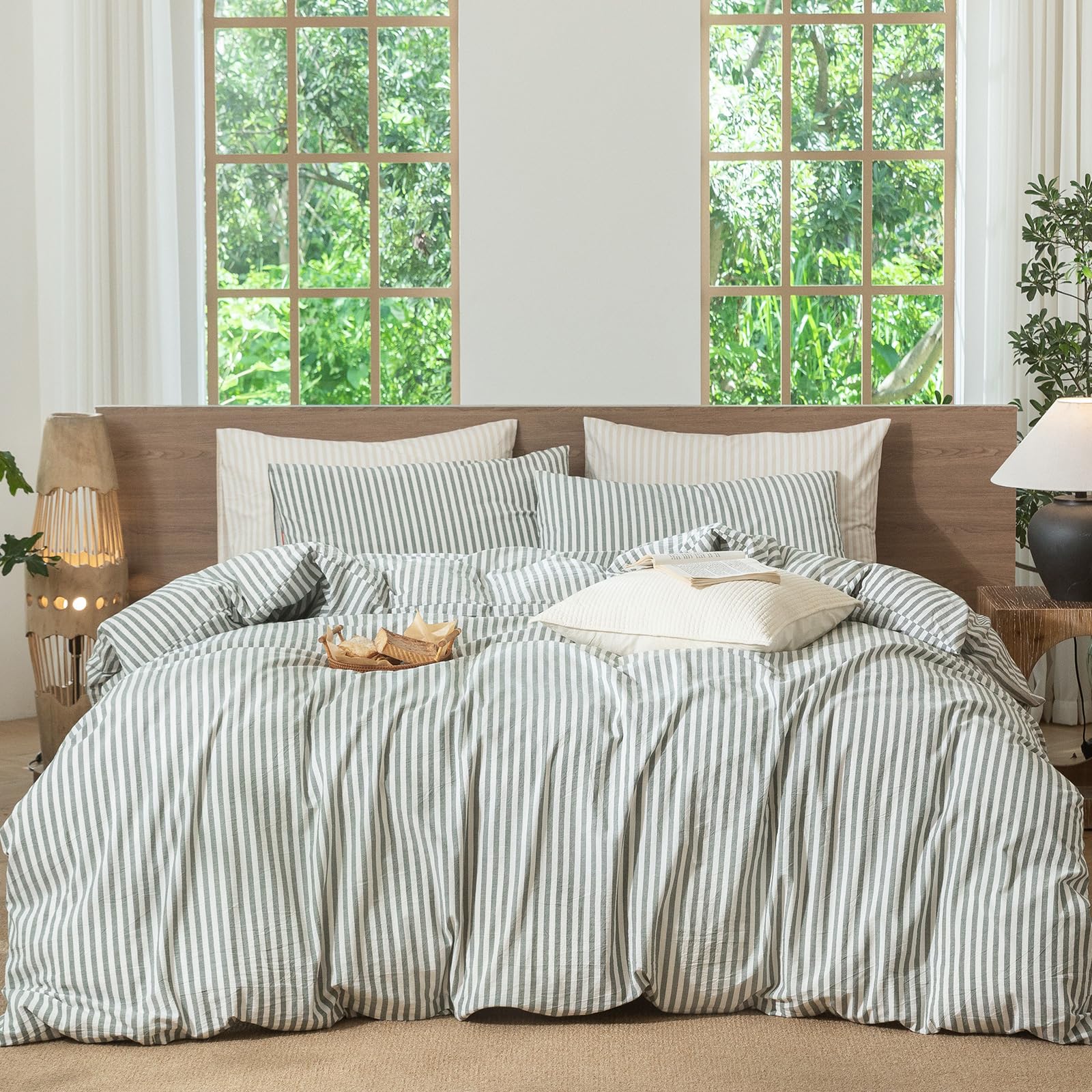 MooMee Striped Duvet Cover Set 100% Washed Cotton Linen Like Textured Breathable Durable Soft Comfy (Heathered Green Classic Str