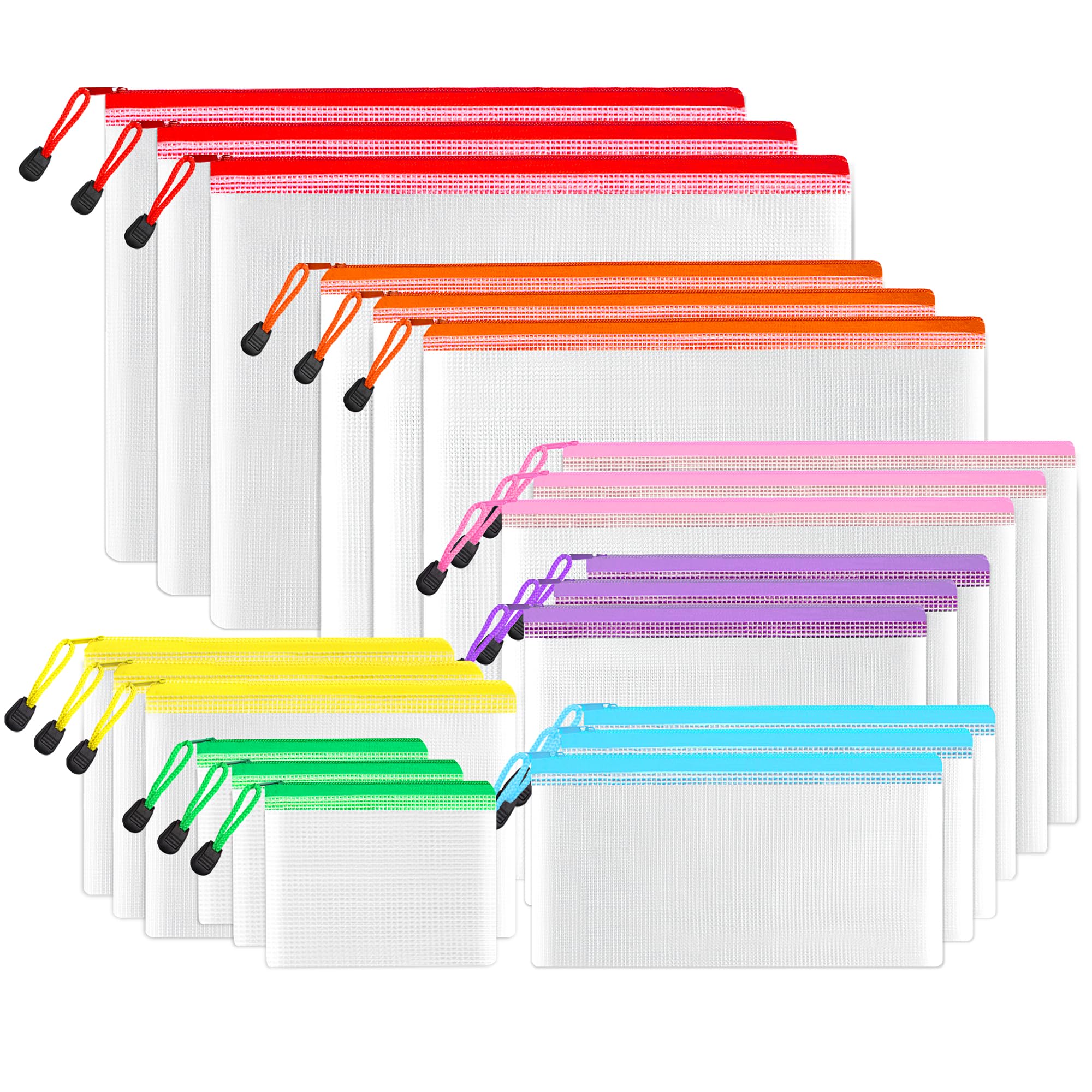 Sunee Multisize Mesh Zipper Pouches (7 Colors, 21 Packs), Water-Resistant Zip Bag For School Office Supplies, Puzzles & Games Or
