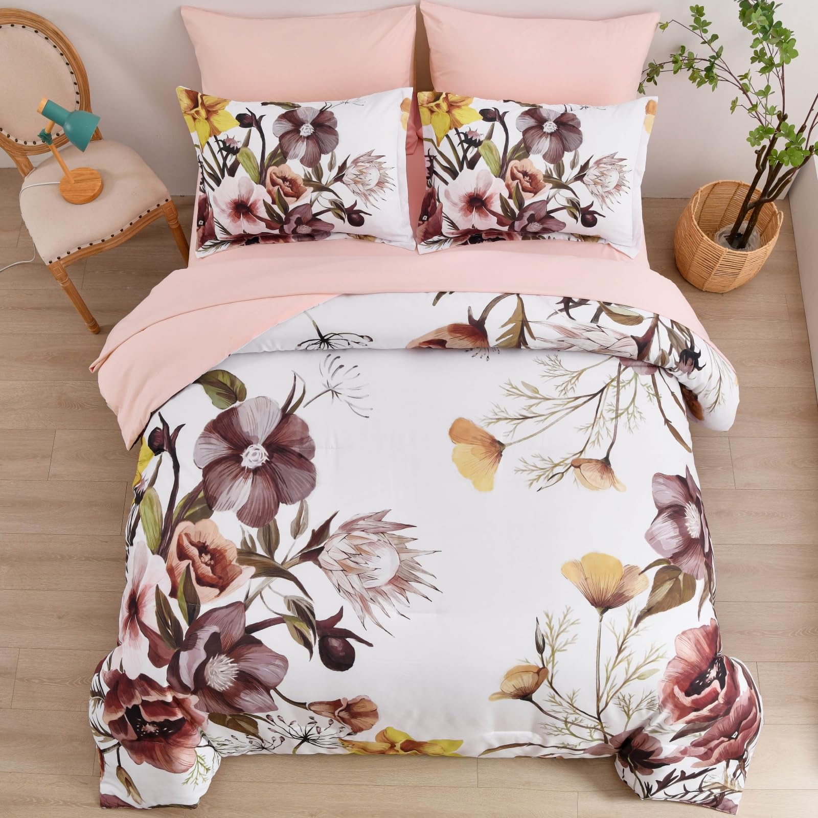 Luxudecor Floral Comforter Set King Size 7 Piece, Blush Flower Bed In A Bag, Elegant Floral Comforter With Sheet Set, Soft Micro