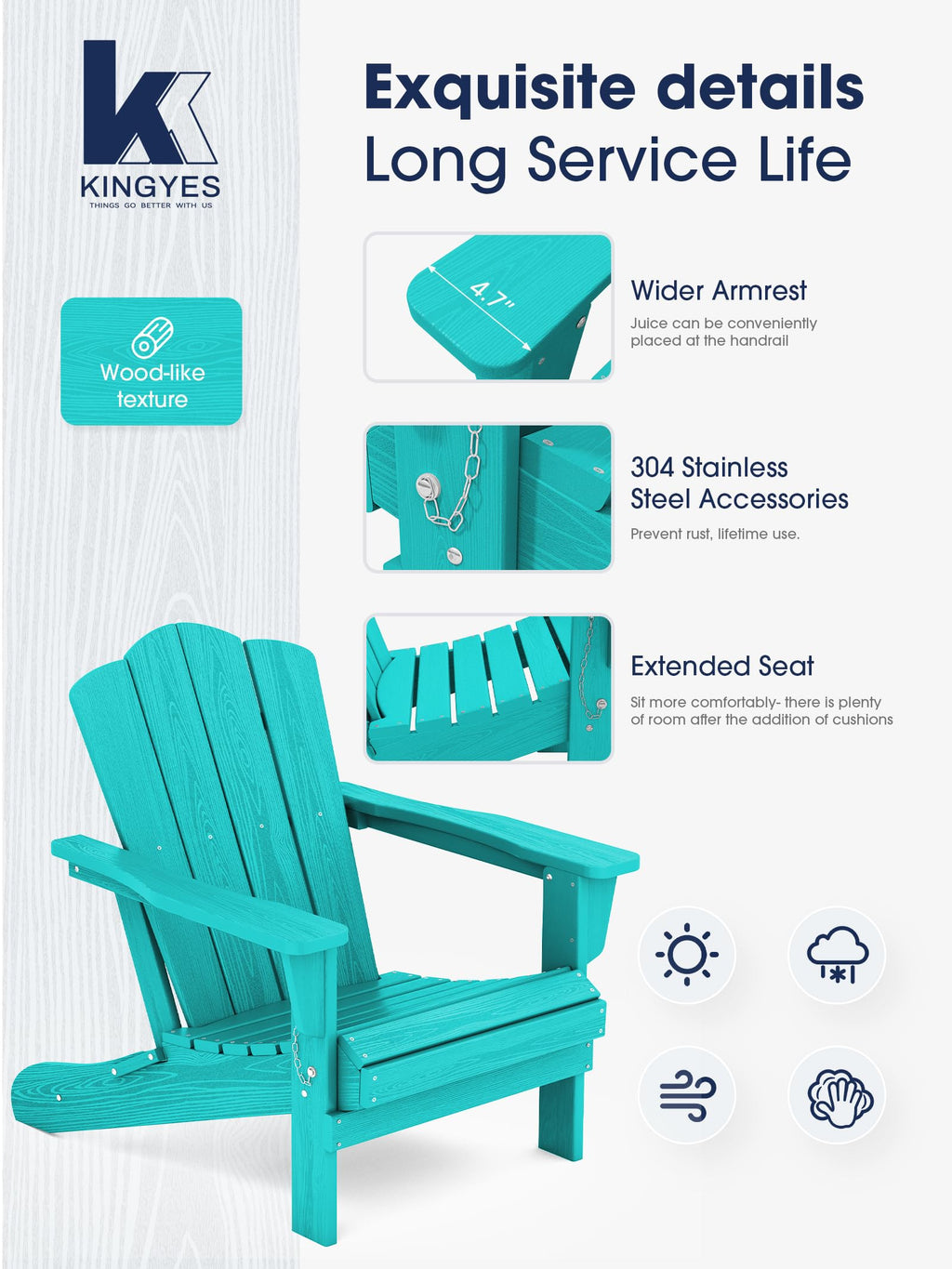 Kingyes Folding Adirondack Chair, Hdpe All-Weather Folding Adirondack Chair, Aruba