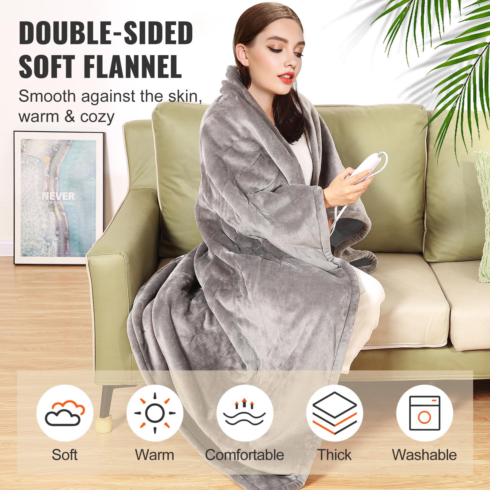 Vevor Heated Blanket Electric Throw, 72'' X 84'' Full Size, Soft Flannel Heating Blanket With 10 Hours Timer Auto-Off & 5 Heatin