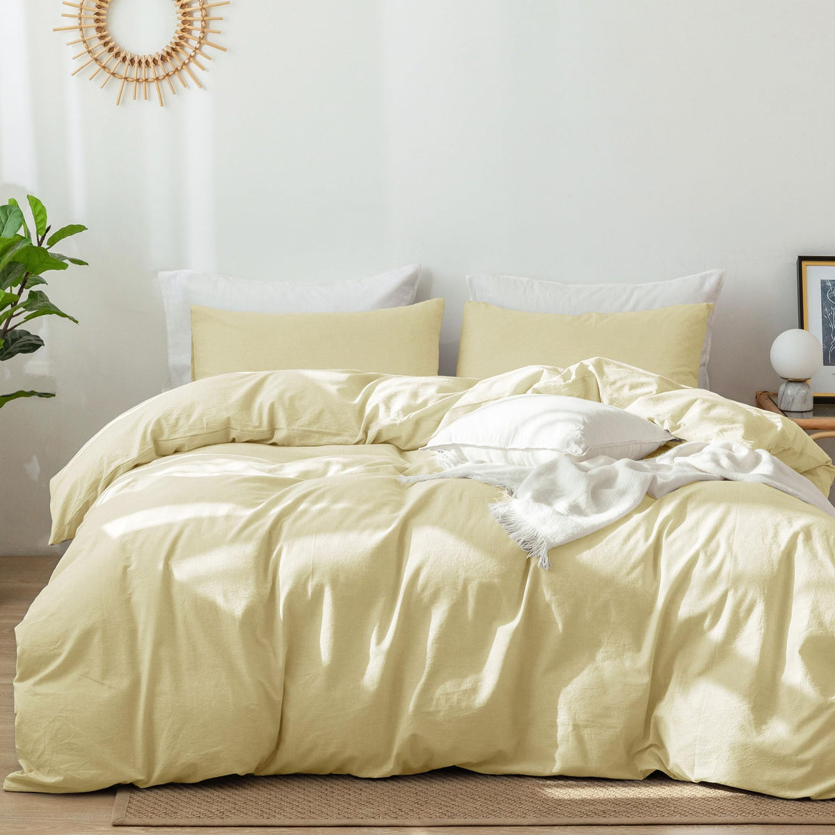 Moomee Bedding Duvet Cover Set 100% Washed Cotton Linen Like Textured Breathable Durable Soft Comfy (Butter Yellow, Queen)