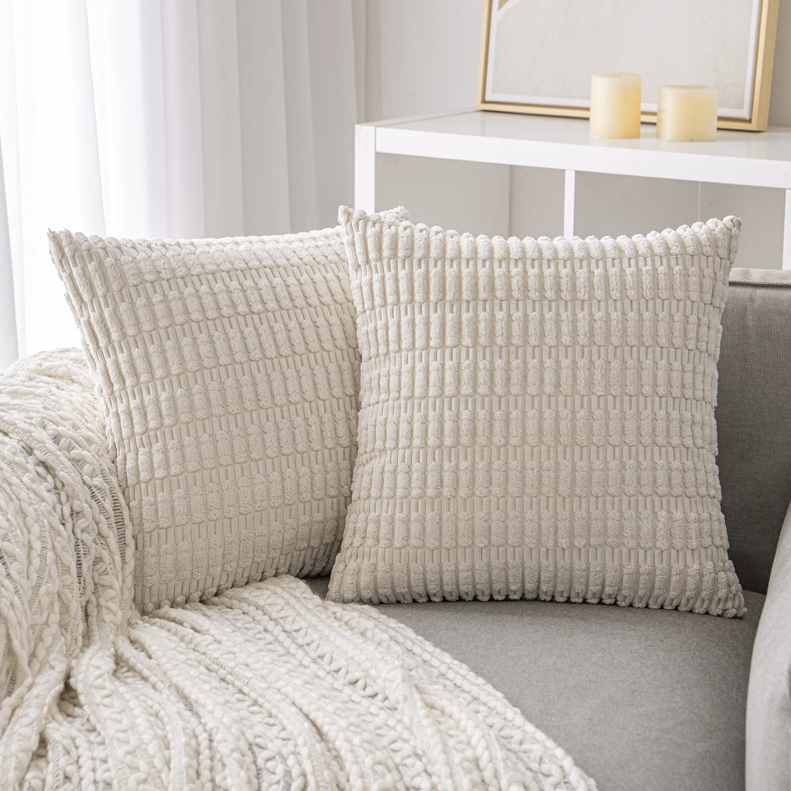 ANRODUO Pack of 2 Cream White Pillow Covers Decorative Throw Pillows 16x16 Inch for Couch Bed Living Room Soft Corduroy Striped 