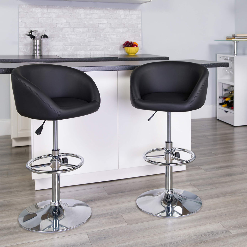 Flash Furniture Luis Contemporary Black Vinyl Adjustable Height Barstool with Barrel Back and Chrome Base