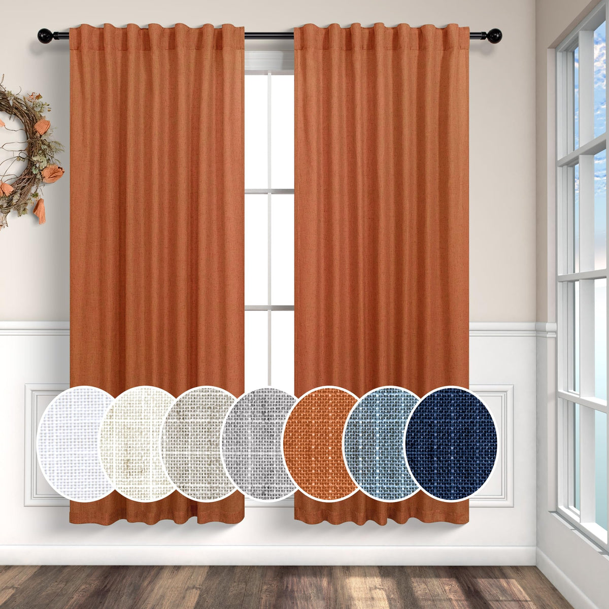 Orange Linen Curtains 72 Inch Length For Living Room 2 Panels Set Back Tab Loop Pocket Semi Sheer Copper Brown Burnt Orange Curt
