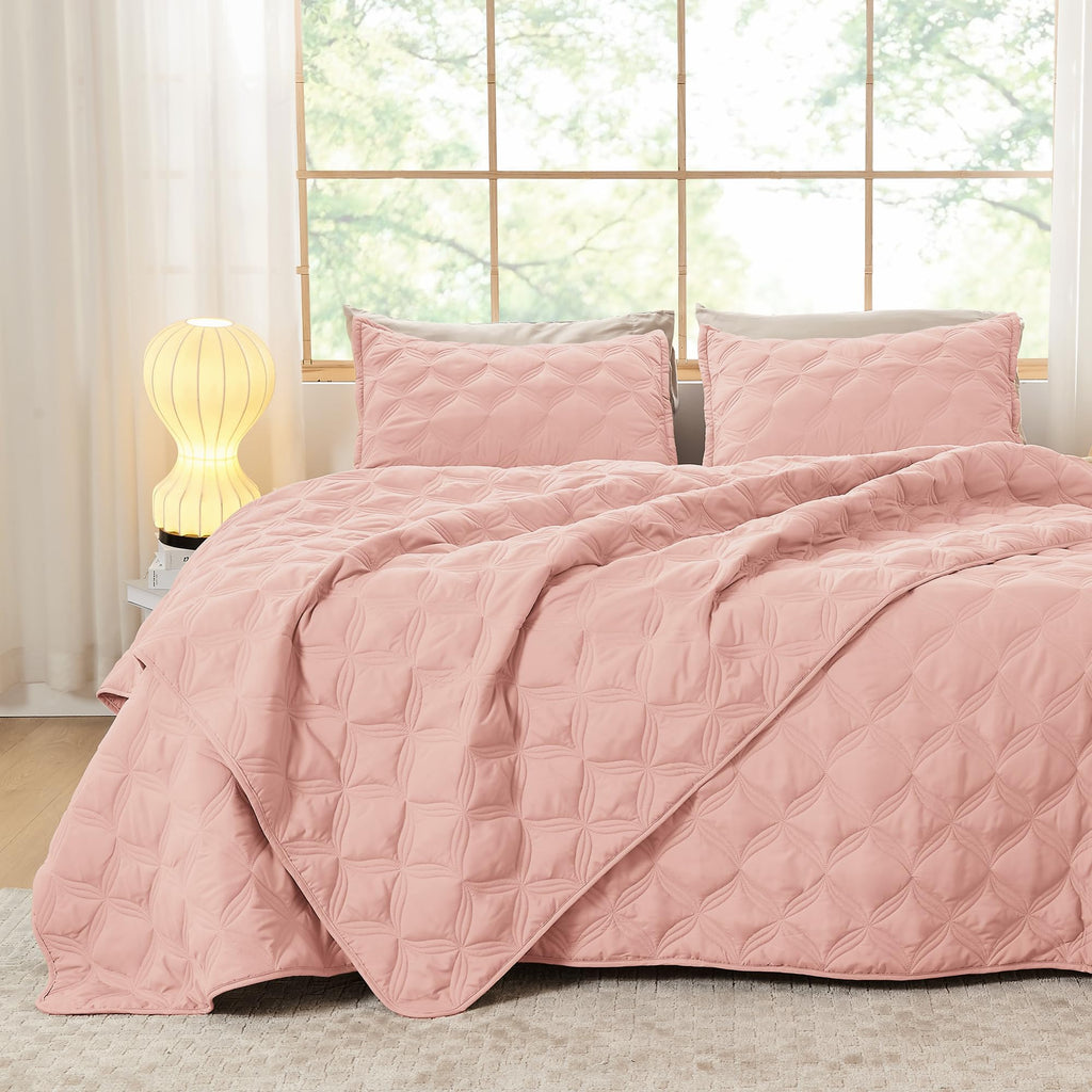 Litanika Oversized King Quilt Bedding Set,120X120Inch Super King Blush Pink Comforter Bedspreads Lightweight Bed Coverlets Boho