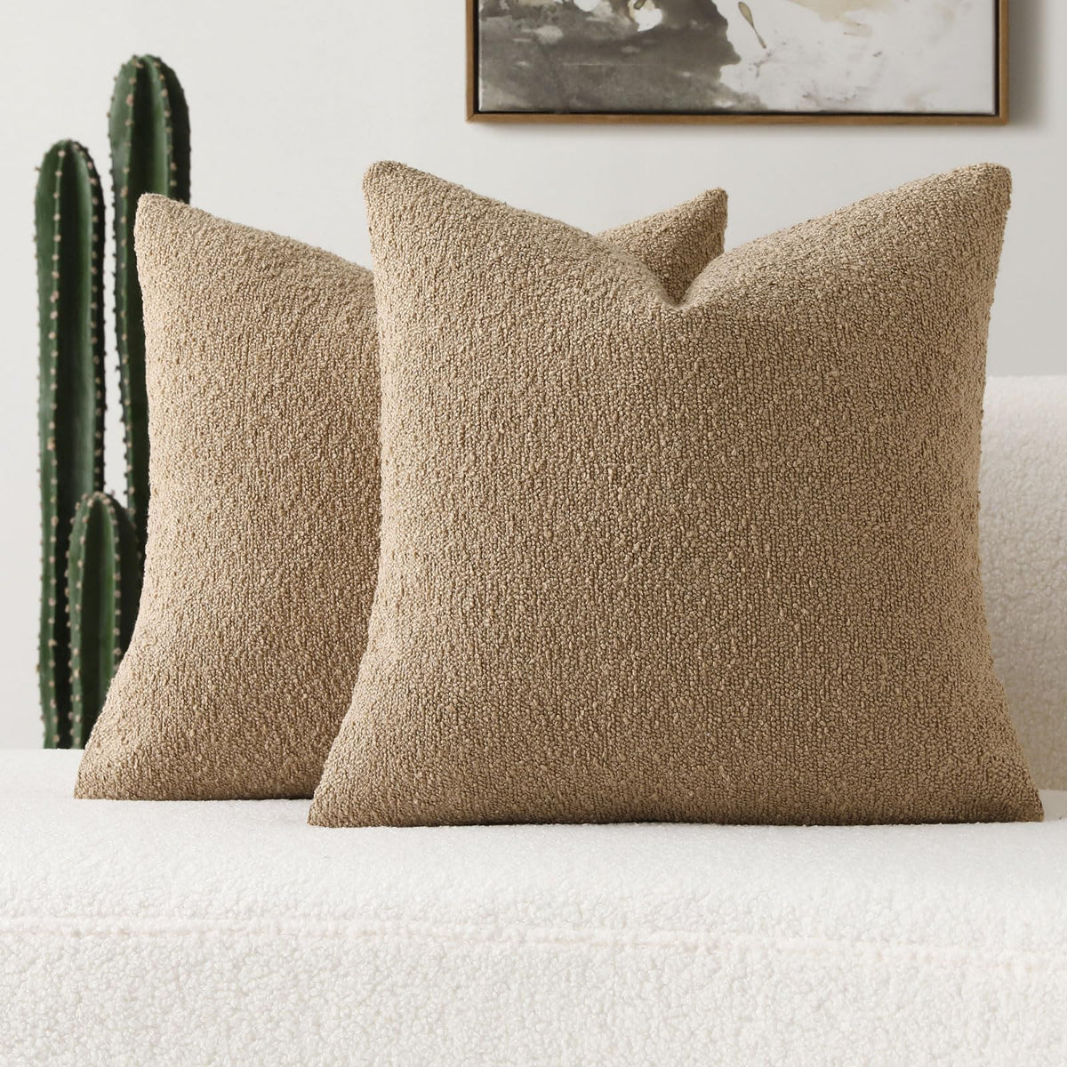 Futei Pack Of 2 Khaki Boucle Accent Decorative Throw Pillow Covers,20X20 Inch Soft Solid Textured Cushion Case,Home Decor For Co