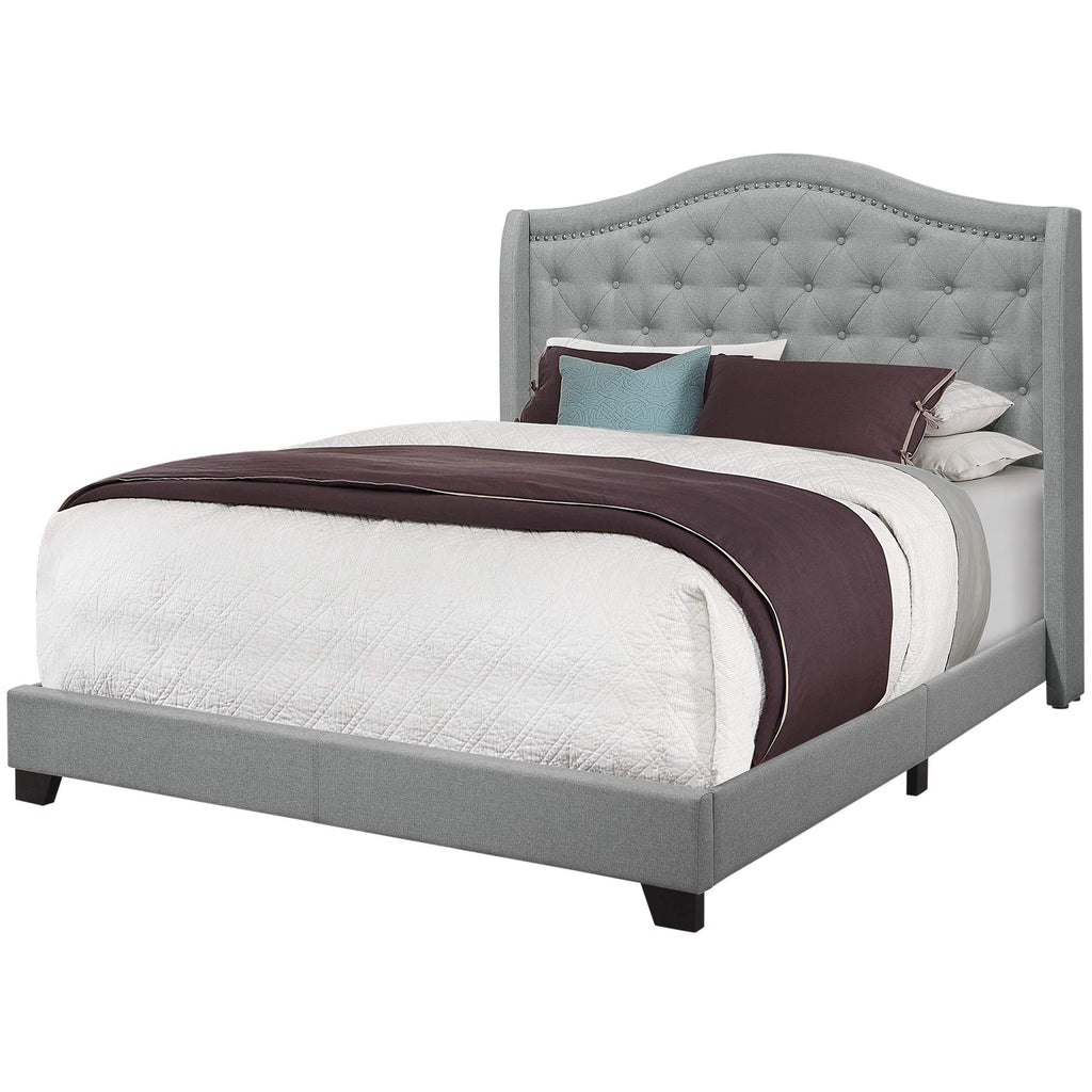 Monarch Specialties I Size/Grey Linen with Chrome Trim Queen Bed,