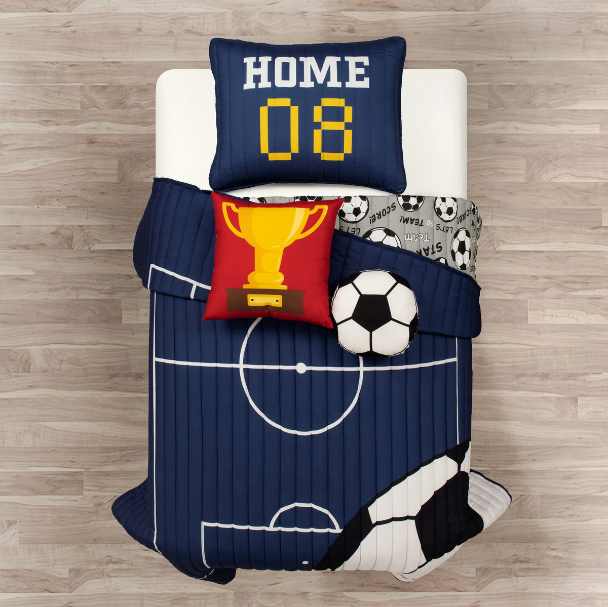Lush Decor Soccer Game Reversible Oversized Kids 4 Piece Quilt Set, Twin, Navy & Gray