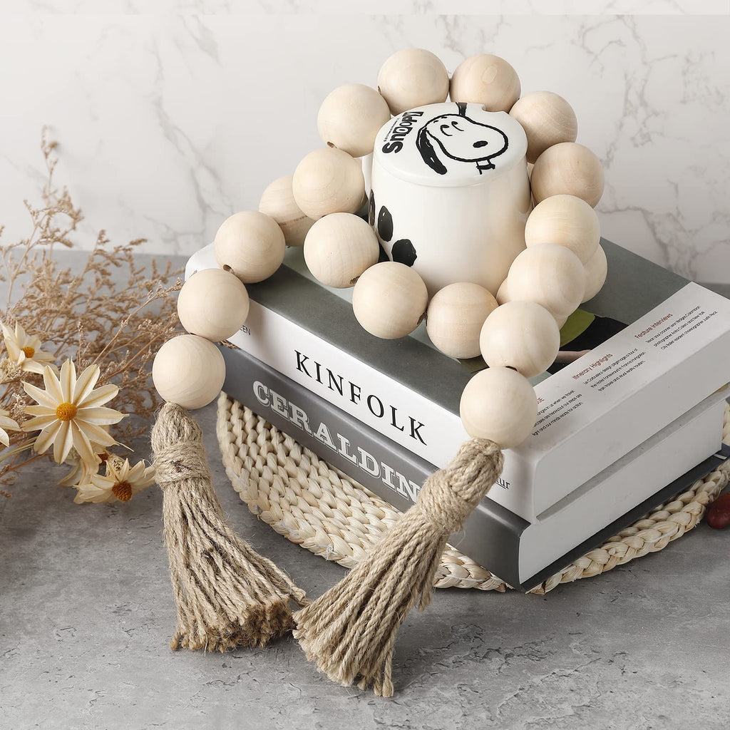 Farmhouse Decor Large Wood Bead Garland 50inch long with 1.6'' Diameter beads, Natural Wooden Beads Decor with Tassels Decorativ