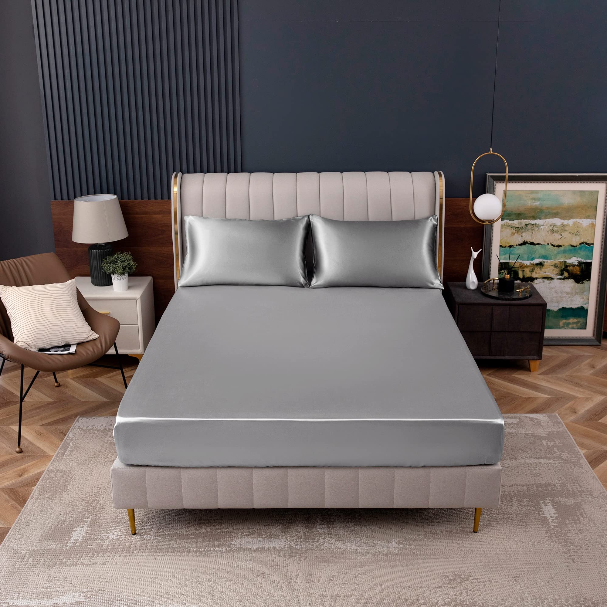 Homiest Light Grey Satin Fitted Sheet Twin Size Fitted Bed Sheet, Deep Pocket Fitted Sheet Only, Luxury & Ultra Soft Bedding Fitted Sheet Single Bottom Bed Sheets Sold Separately