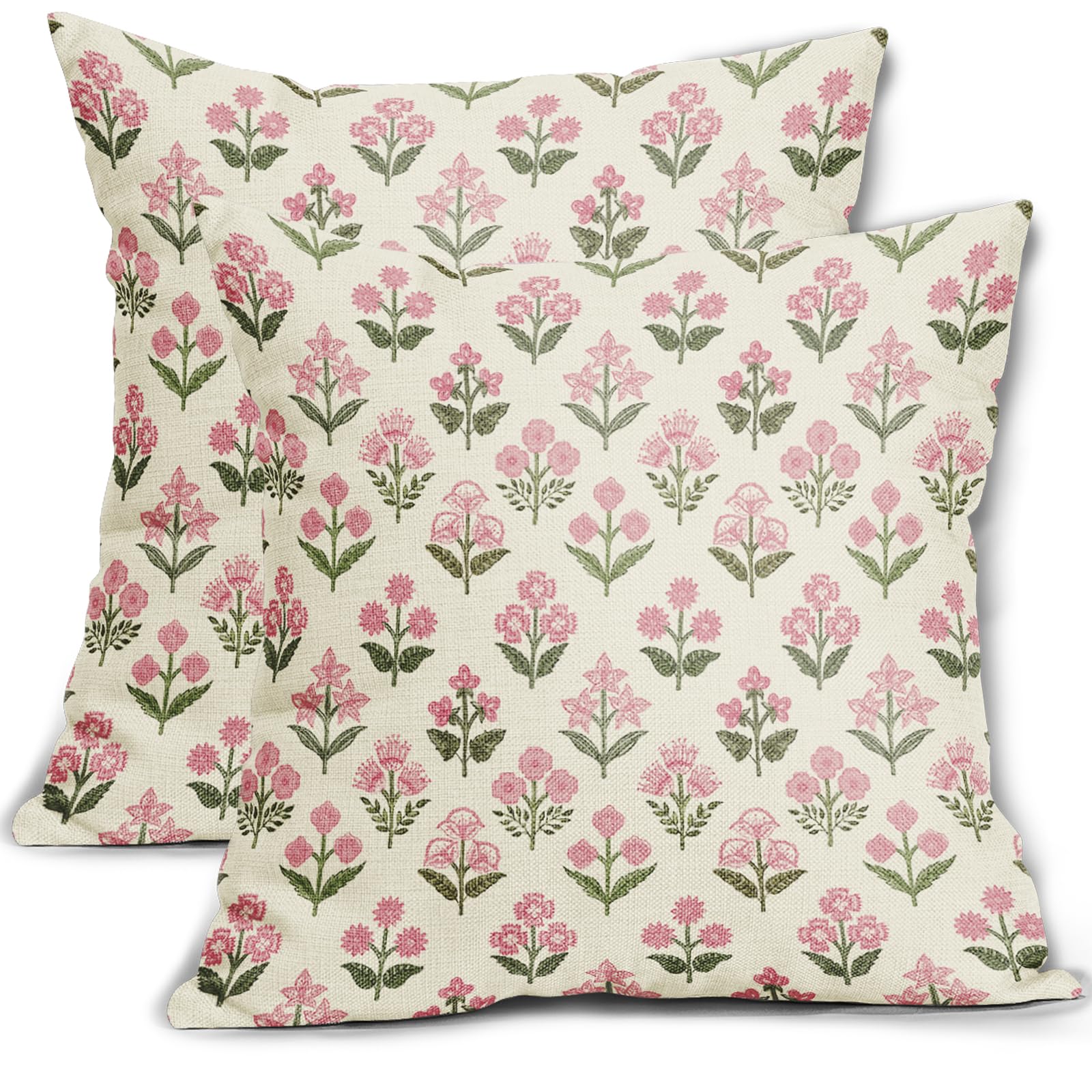 Sivirary Pink Green Block Print Pillow Covers 18x18 Inch Set of 2 Vintage Floral Decorative Pillow Cases Boho Outdoor Linen Squa