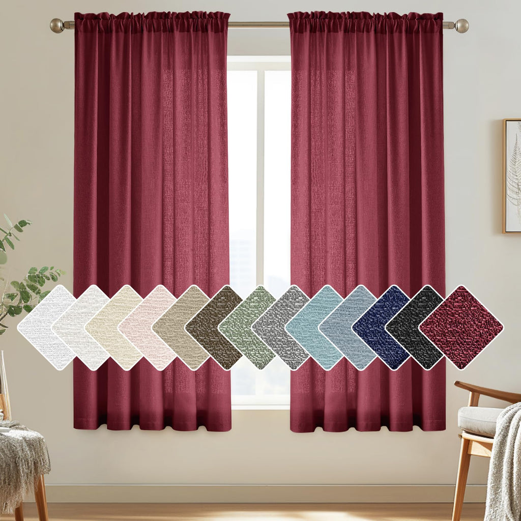 Melodieux Burgundy Semi Sheer Curtains 45 Inch Length for Bedroom Kitchen Small Windows, Linen Look Rod Pocket Privacy Sheer Dra