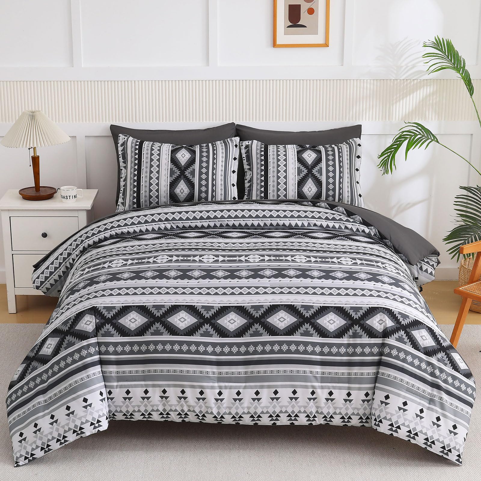 Dinjoy King Size Comforter Set Boho,Dark Gray Bedding Set 7 Pieces Bed In A Bag Aztec Bohemian Comforters Complete Set Stripes F