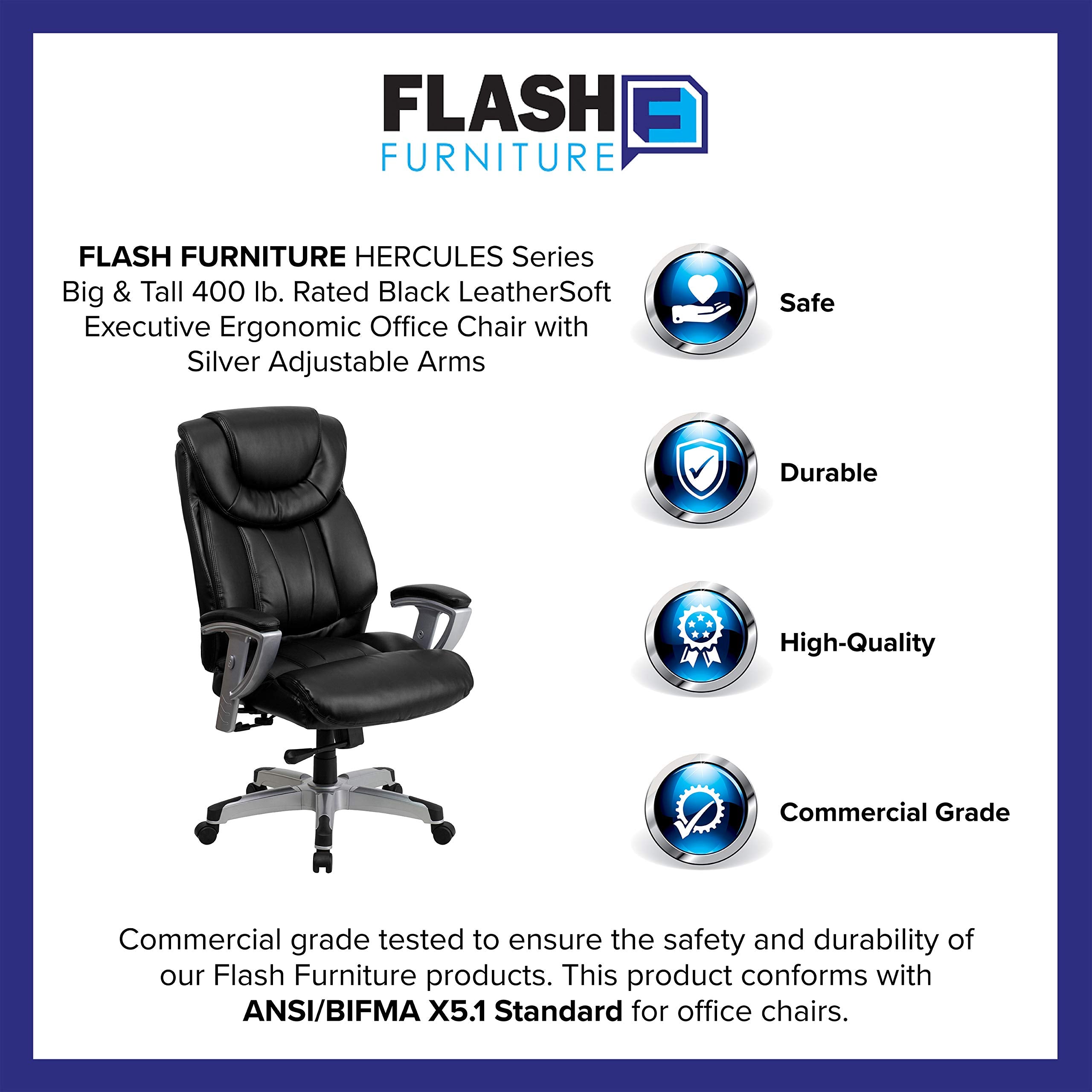 Flash Furniture HERCULES Series Big & Tall 400 lb. Rated Black LeatherSoft Executive Ergonomic Office Chair with Silver Adjustable Arms