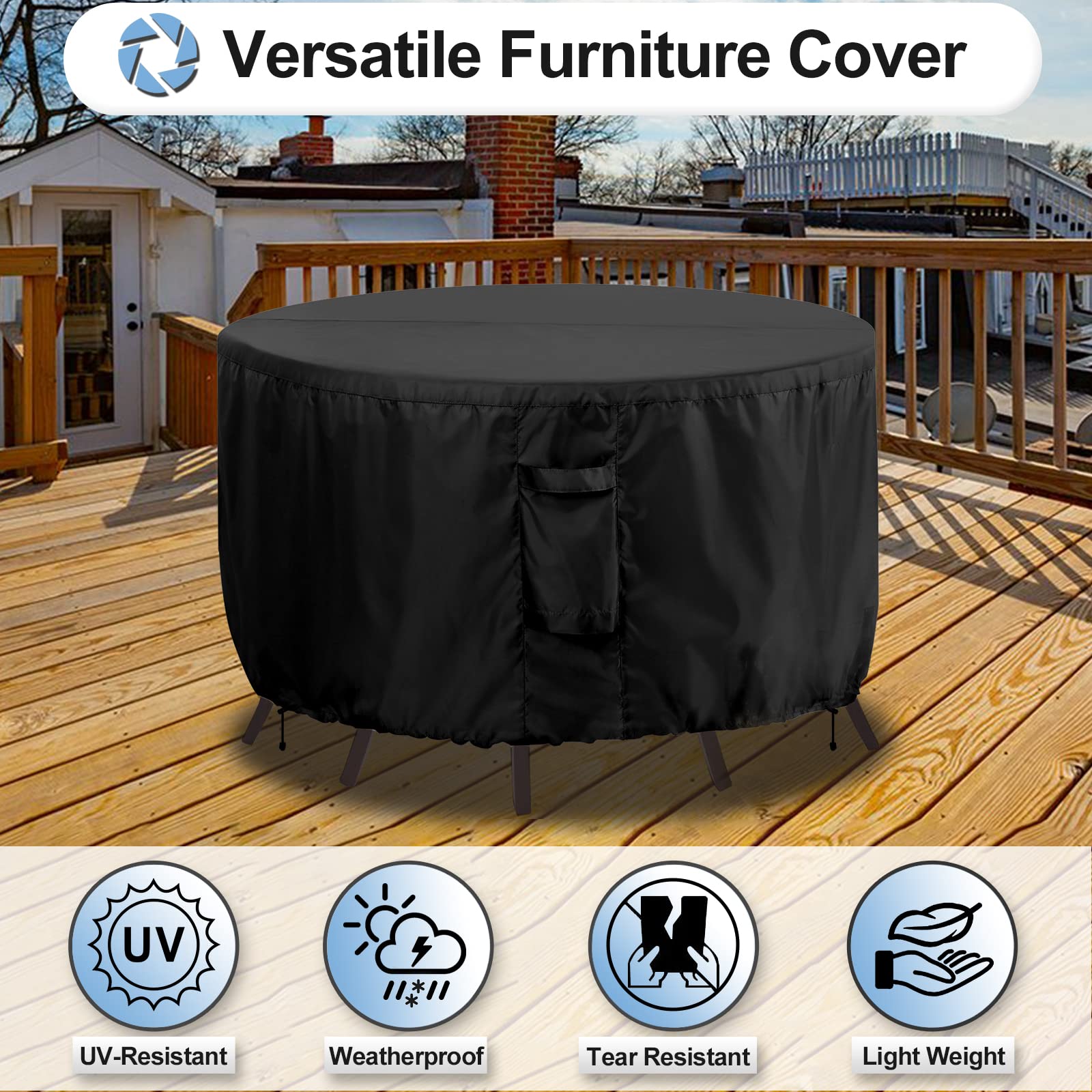 Outdoorlines Outdoor Waterproof Patio Table Furniture Set Covers - Round Couch Sectional Cover Outside Weatherproof Patio Furniture Covering For Deck, Lawn And Backyard 96' Dia X 28' H, Black
