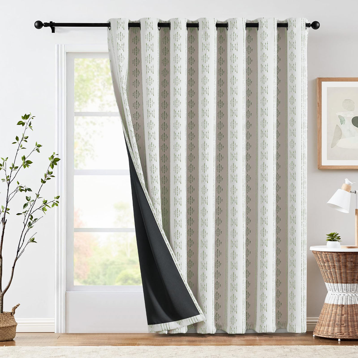Jinchan 100% Blackout Boho Curtain 84 Inches Long For Bedroom 1 Panel Extra Wide Printed Curtain Sage Green On Beige Geometric G