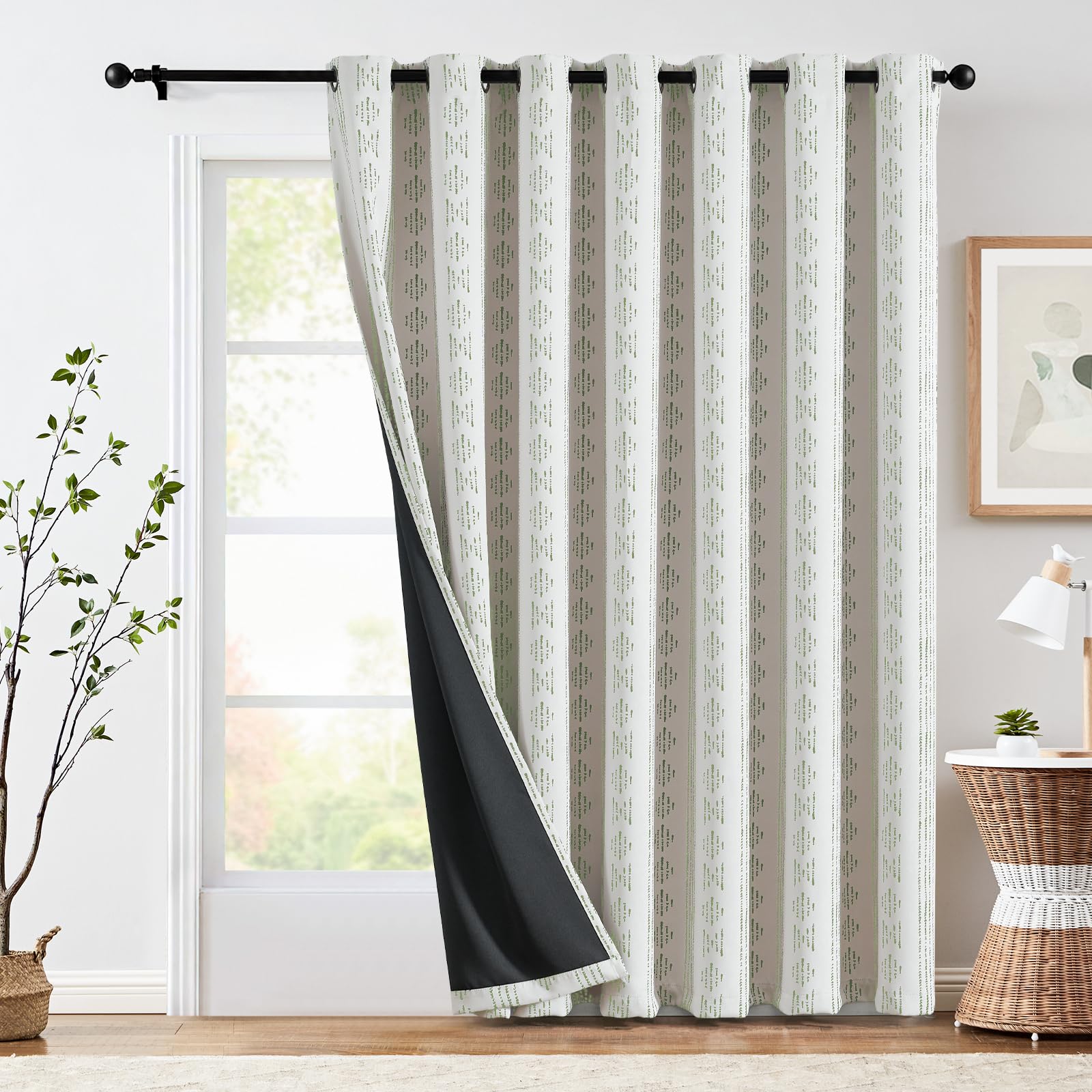 Jinchan 100% Blackout Boho Curtain 84 Inches Long For Bedroom 1 Panel Extra Wide Printed Curtain Sage Green On Beige Geometric G