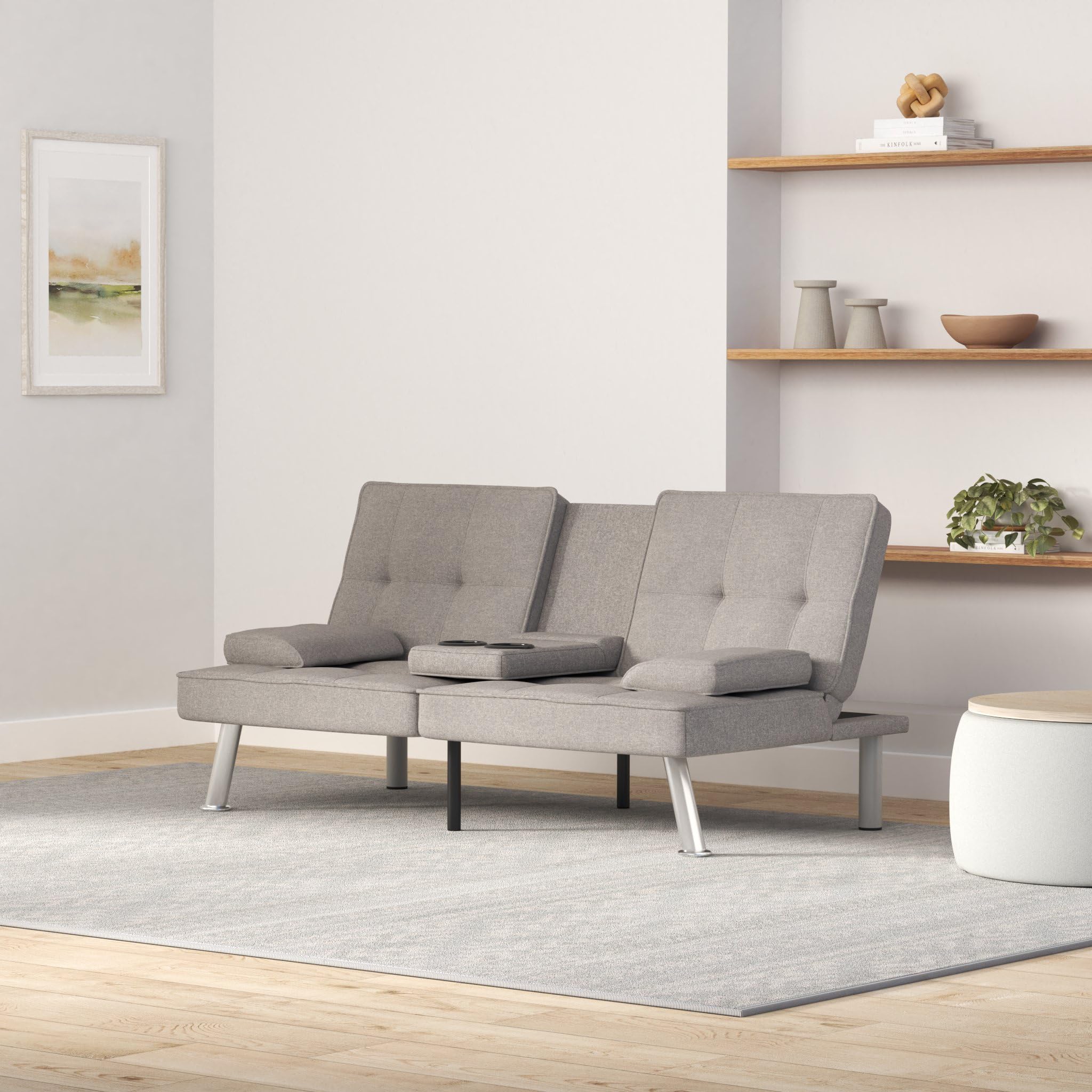 Best Choice Products Linen Modern Folding Futon, Reclining Sofa Bed For Apartment, Dorm W/Removable Armrests, 2 Cupholders - Light Gray