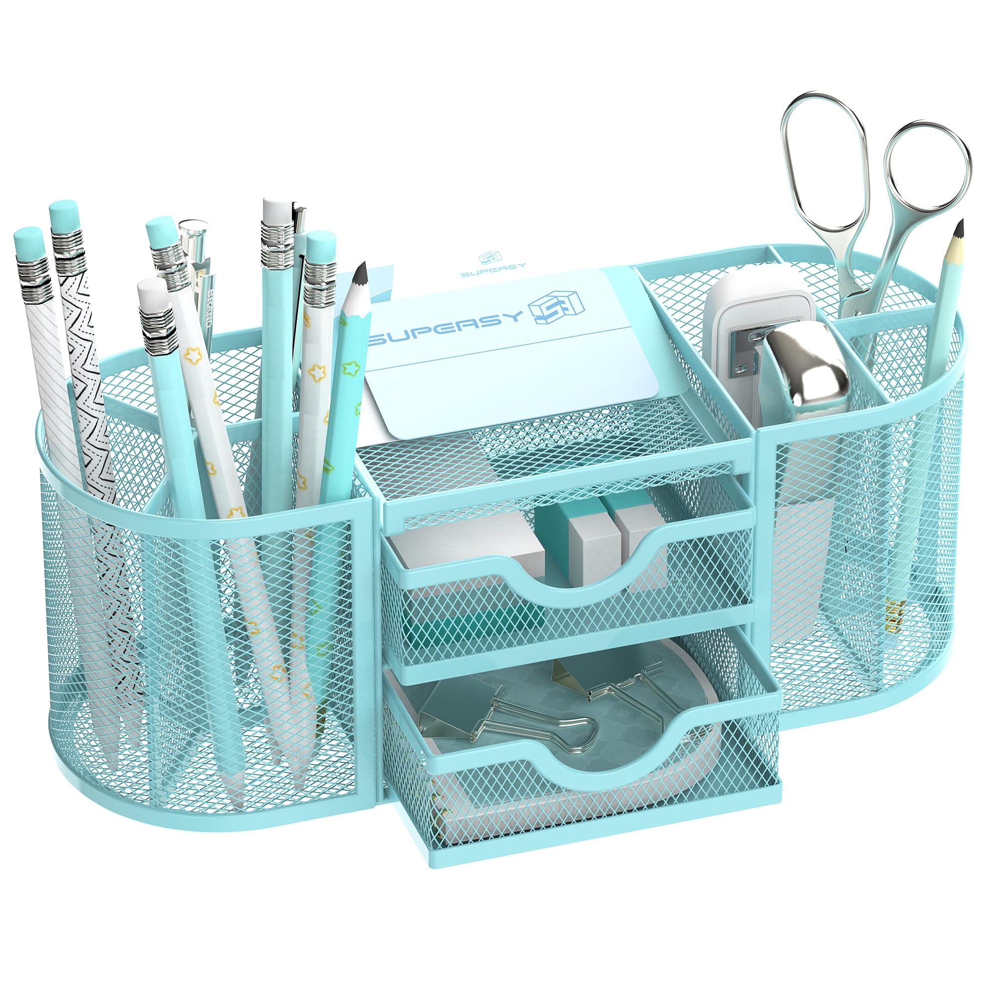 Supeasy Mesh Desk Organizer, Desk Organizers And Accessories, Pen Holder With Drawers, Pencil Holder For Desk With 2 Drawer For