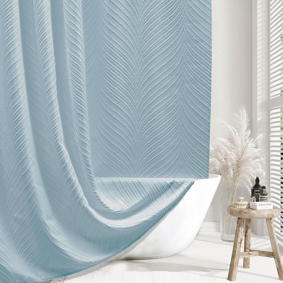 Siiluminisoy Fog Blue Boho Shower Curtain Woven Fabric Cute Shower Curtain, 72 X 72 Tufted Leaves Textured Striped Modern Farmho