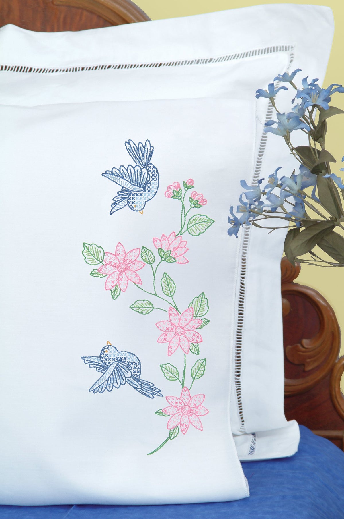 Jack Dempsey Needle Art 160031 Perle Edge Pillowcase, Birds Pillowcase With Perle Edge Finish, 20-Inch By 30-Inch, White