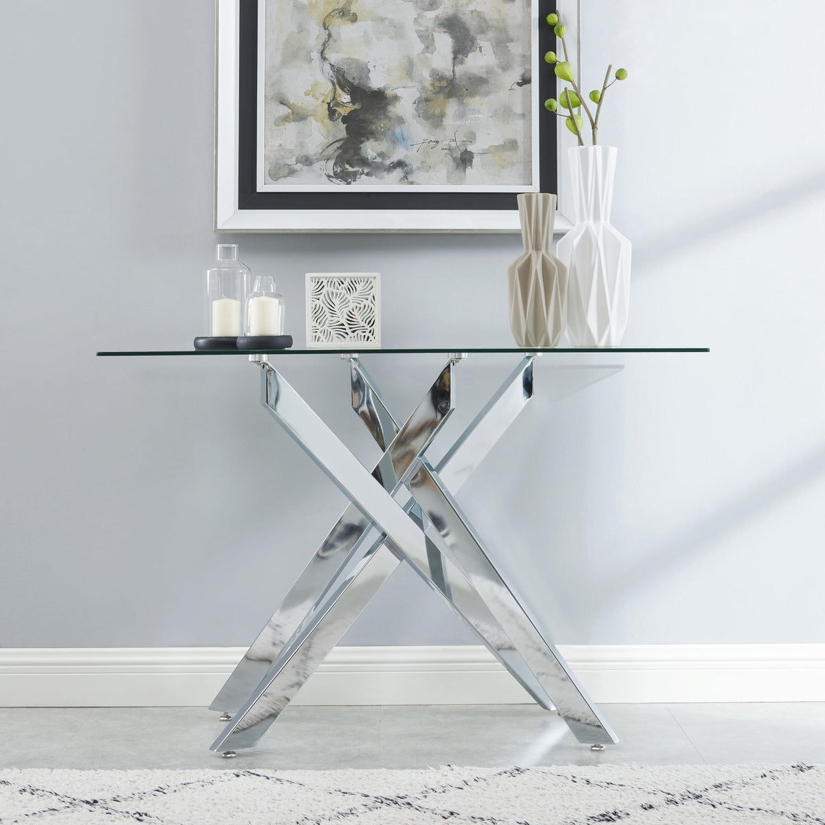 Modern Style Console Table Narrow Sofa Table With Tempered Glass Top And Metal Tubular Legs, 45' Lx18 Wx30 H, Silver