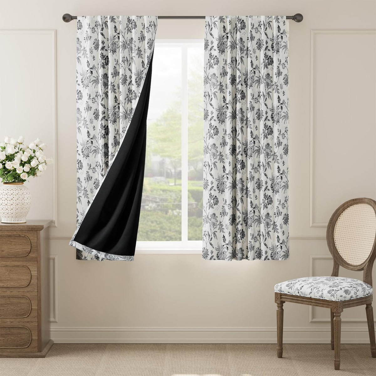 Jinchan Blackout Floral Curtains For Bedroom, 63 Inches Long Curtains With Printed Flower Black Out Curtains, Rod Pocket Back Ta