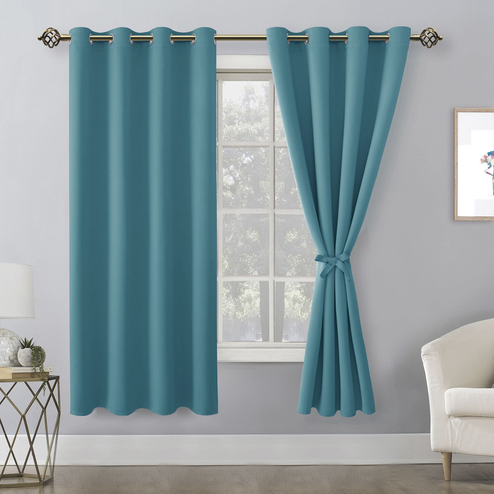 Hiasan Blackout Curtains For Bedroom, 52 X 63 Inches Length - Thermal Insulated & Light Blocking Window Curtains For Living Room, 2 Drape Panels Sewn With Tiebacks, Turquoise