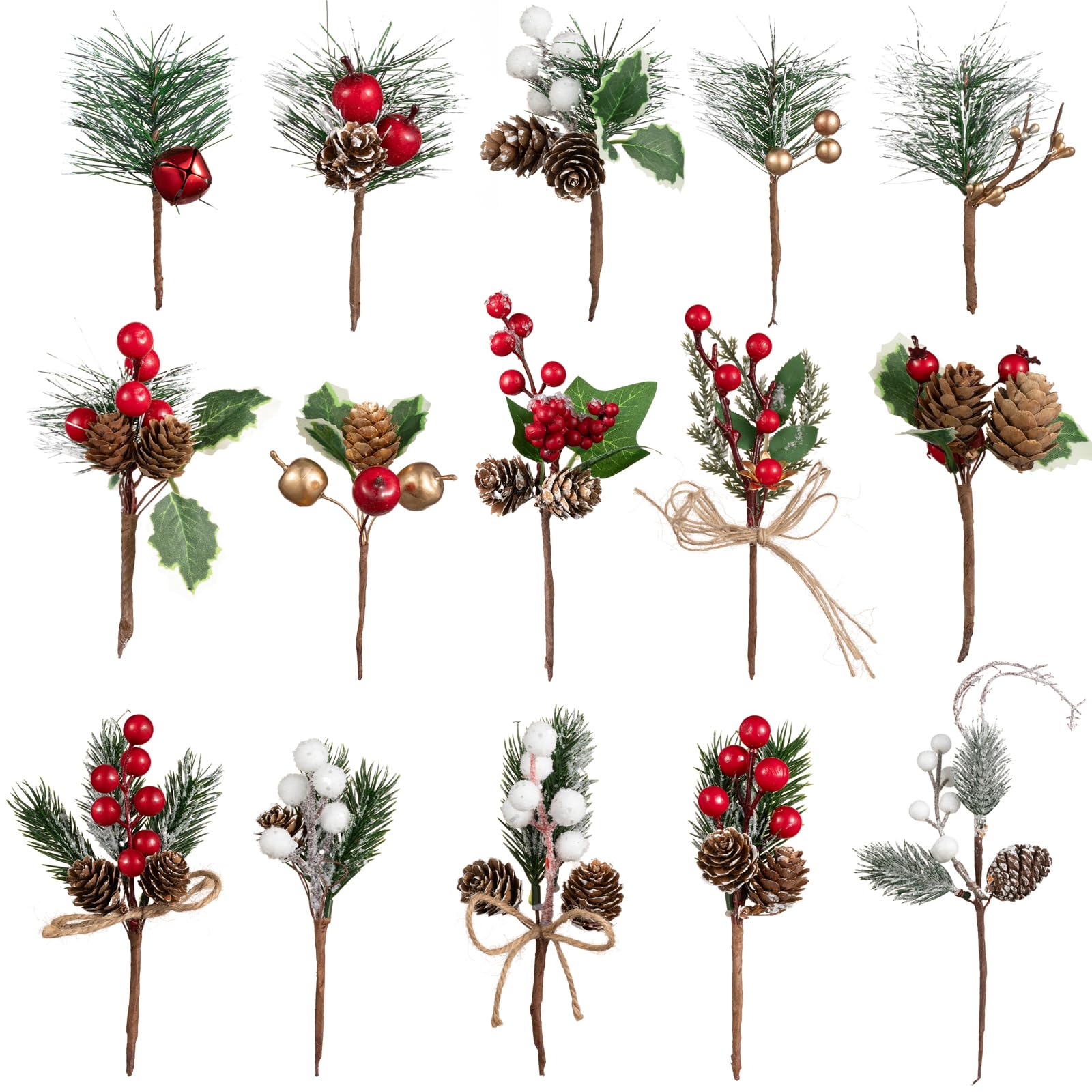 Crafare 15 Pack Small Christmas Picks Assorted Size Red Berry Picks Stems with Pinecones for Christmas Holiday Floral Arrangemen