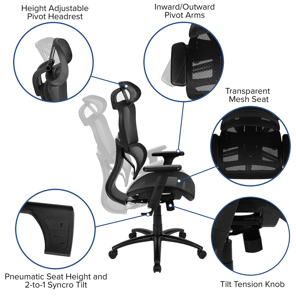 Flash Furniture Lo Ergonomic Mesh Office Chair With 2-To-1 Synchro-Tilt, Adjustable Headrest, Lumbar Support, And Adjustable Pivot Arms In Black