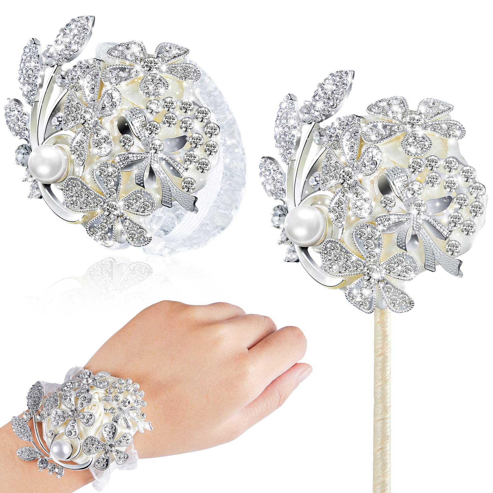 Yunsailing 2 Pcs Artificial Corsages Wrist Flower Rhinestone Wrist Corsage Artificial Silk Corsage Wedding Wrist Corsage for Wed