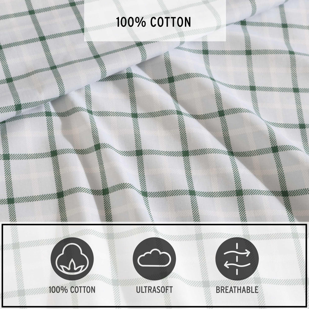 Eddie Bauer - Queen Sheet Set, Premium Cotton Percale Bedding Set, Plaid Home Decor, Oeko-Tex Certified (Classic Tattersall Plaid Green, Queen)