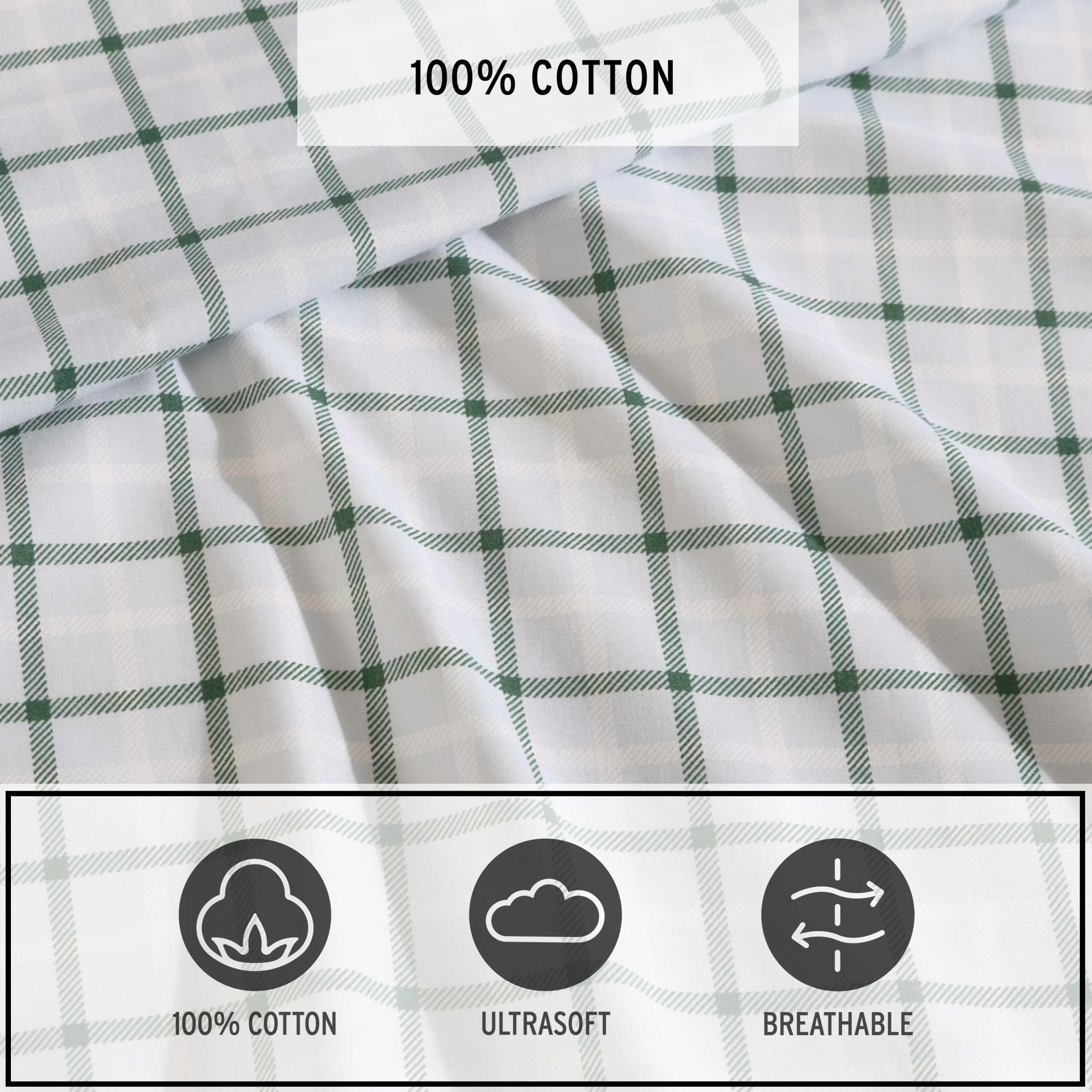 Eddie Bauer - Queen Sheet Set, Premium Cotton Percale Bedding Set, Plaid Home Decor, Oeko-Tex Certified (Classic Tattersall Plaid Green, Queen)