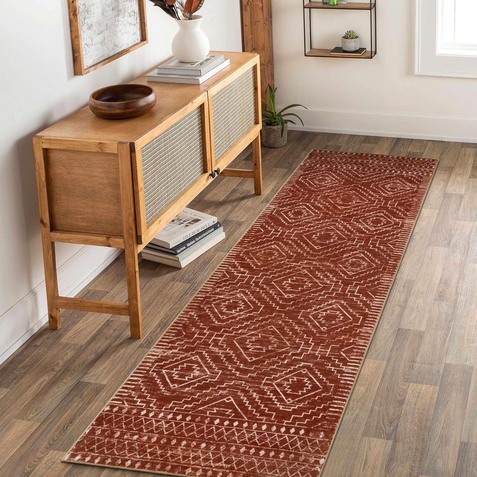 Wonnitar Moroccan 26x8 Hallway Runner Rug, Washable Long Farmhouse Laundry Room Rug Runner, Non-Skid Boho Tribal Geometric Flo