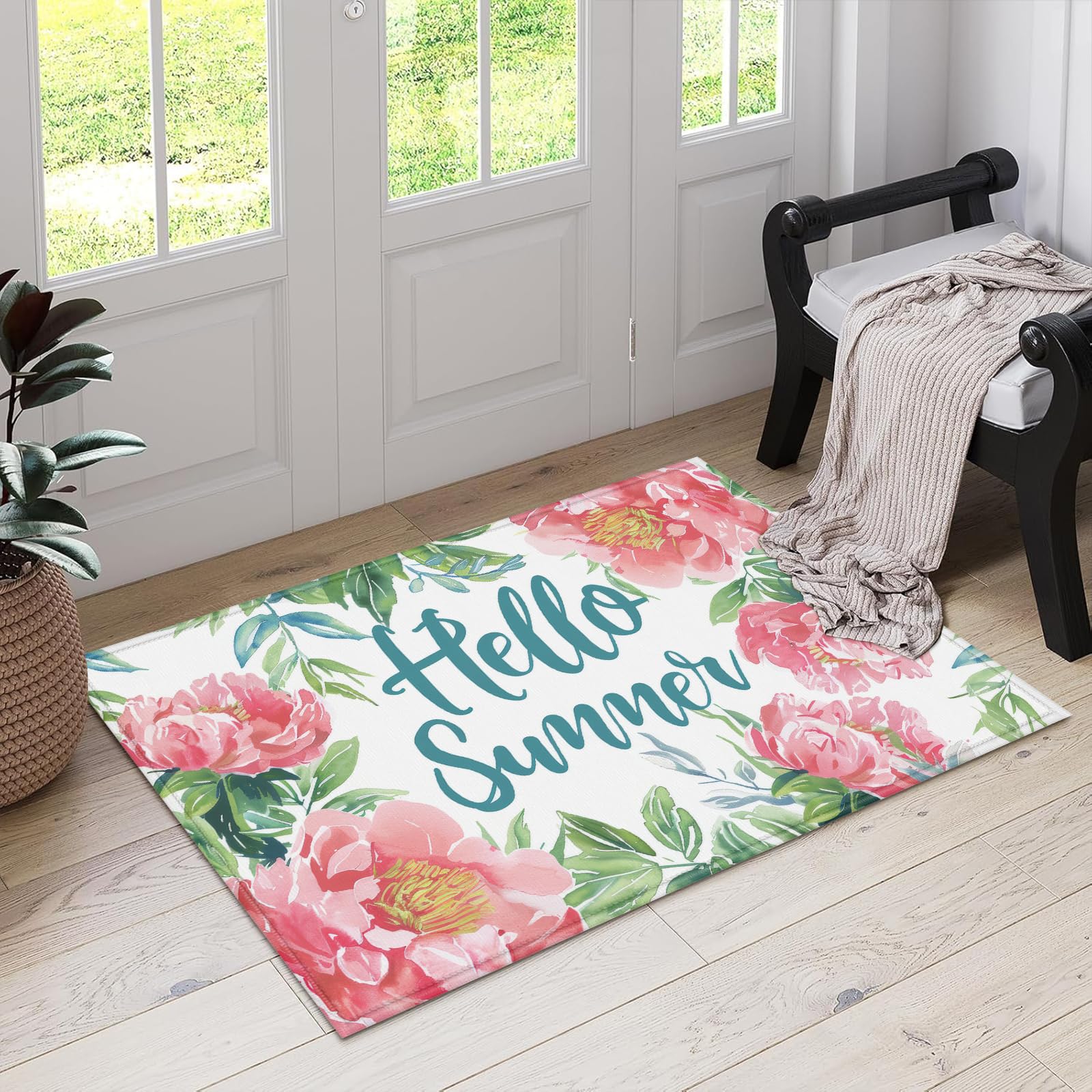 Summer Peony Welcome Indoor Door Mat, Flower Floral Outdoor Entrance Doormat for Entryway Kitchen Bathroom 17 X 29 Inch