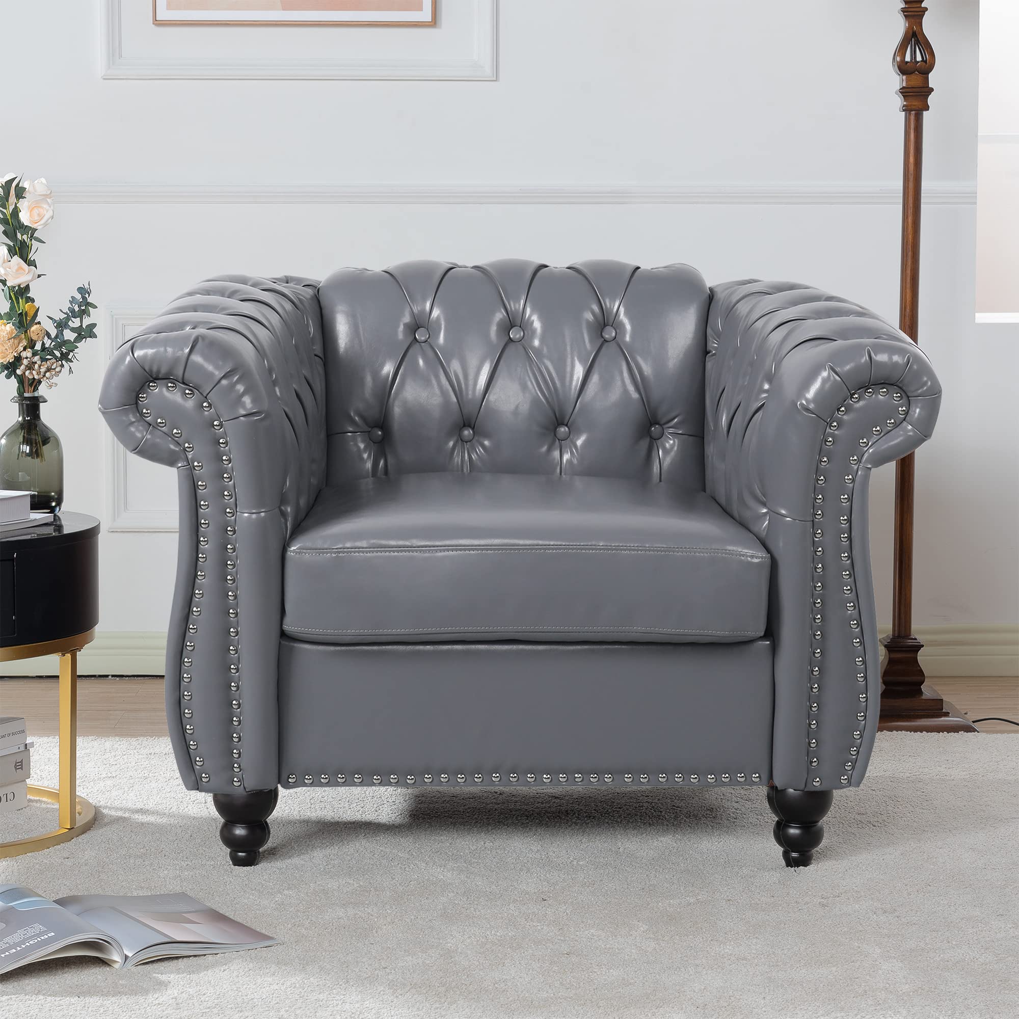 Levnary Leather Upholstered Armchair, Mid-Century Modern Single Sofa Chair With Rolled Arms And Nailhead, Tufted Pu Leather Ches