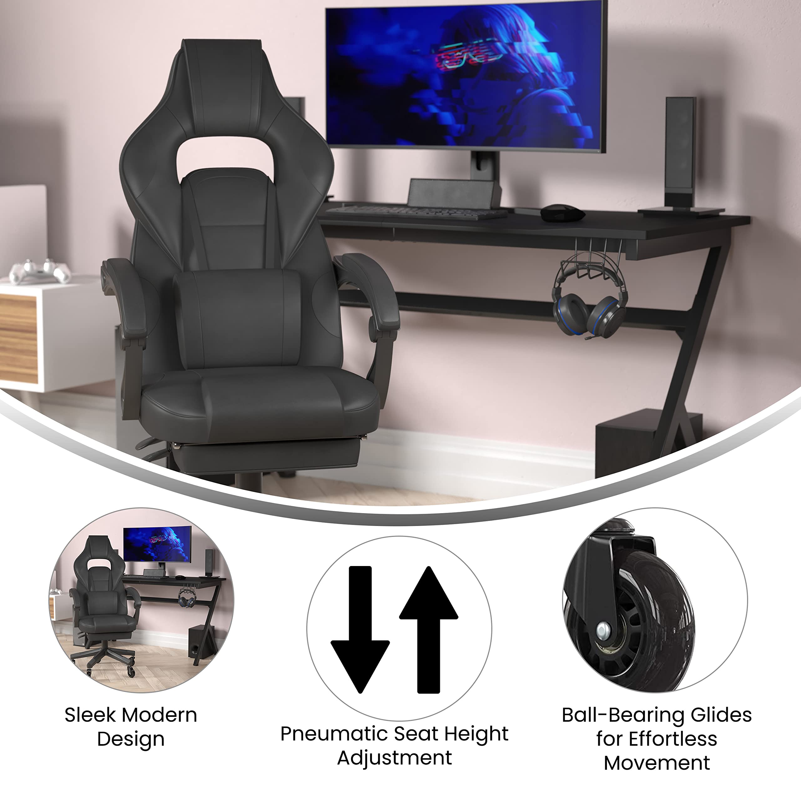 Flash Furniture X40 Gaming Chair Racing Computer Chair With Fully Reclining Back/Arms And Transparent Roller Wheels, Slide-Out Footrest, - Black