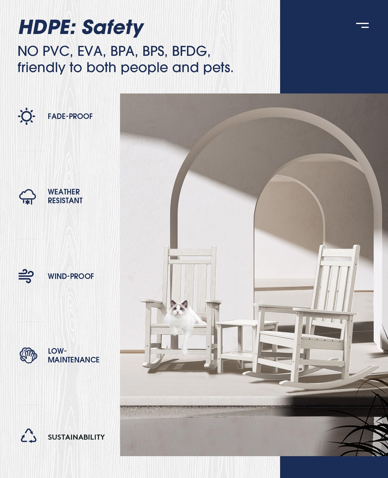 Kingyes Outdoor Rocking Chair, Pearl White