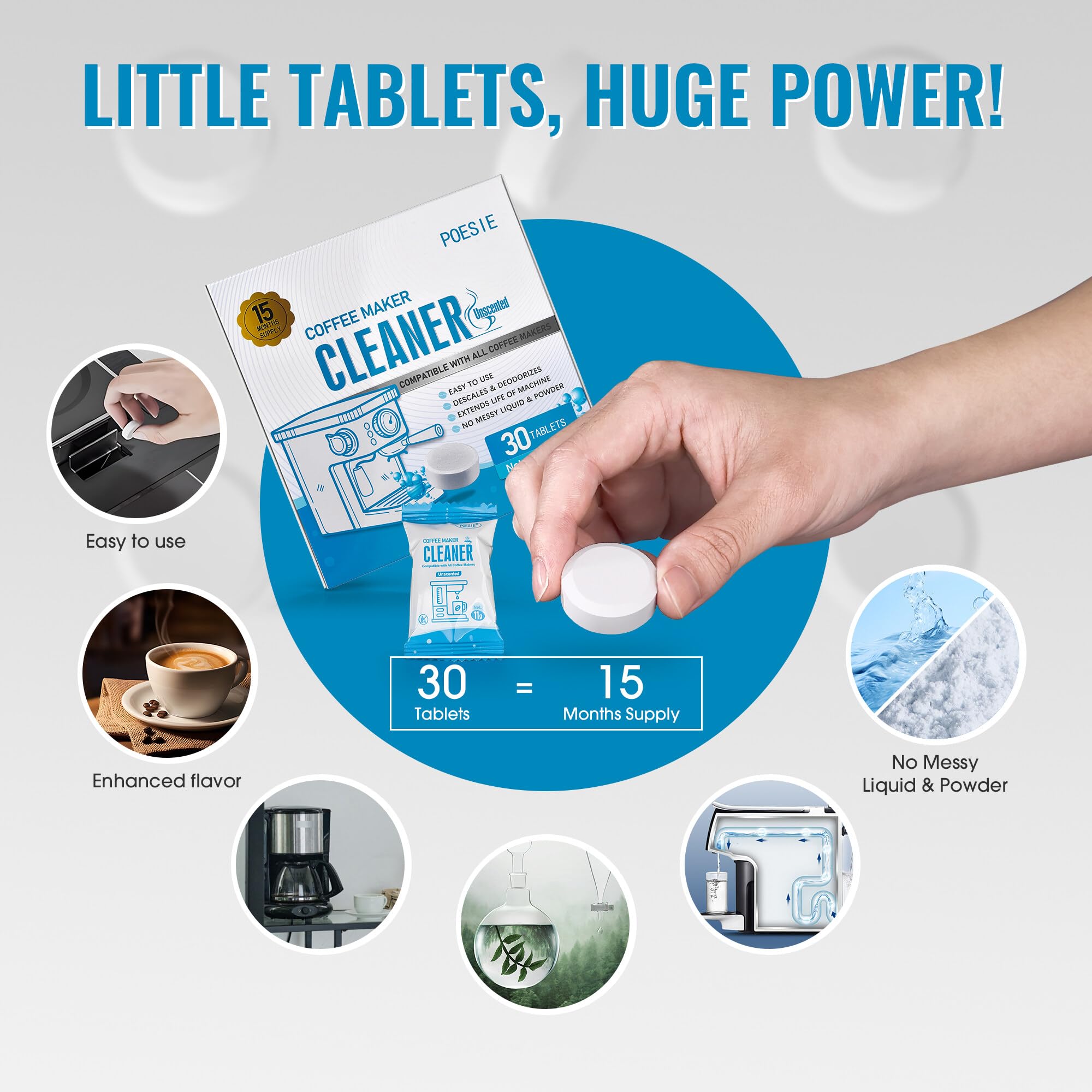 Poesie 30 Count Coffee Machine Cleaning Tablets, Coffee Maker Cleaner And Descaler For All Coffee Machine