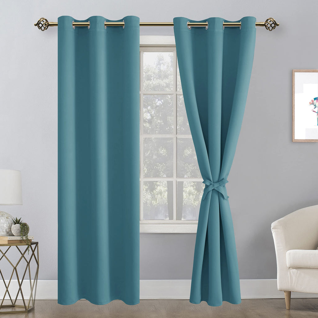 Hiasan Blackout Curtains For Bedroom, 38 X 84 Inches Long - Thermal Insulated & Light Blocking Window Curtains For Living Room, 2 Drape Panels Sewn With Tiebacks, Turquoise